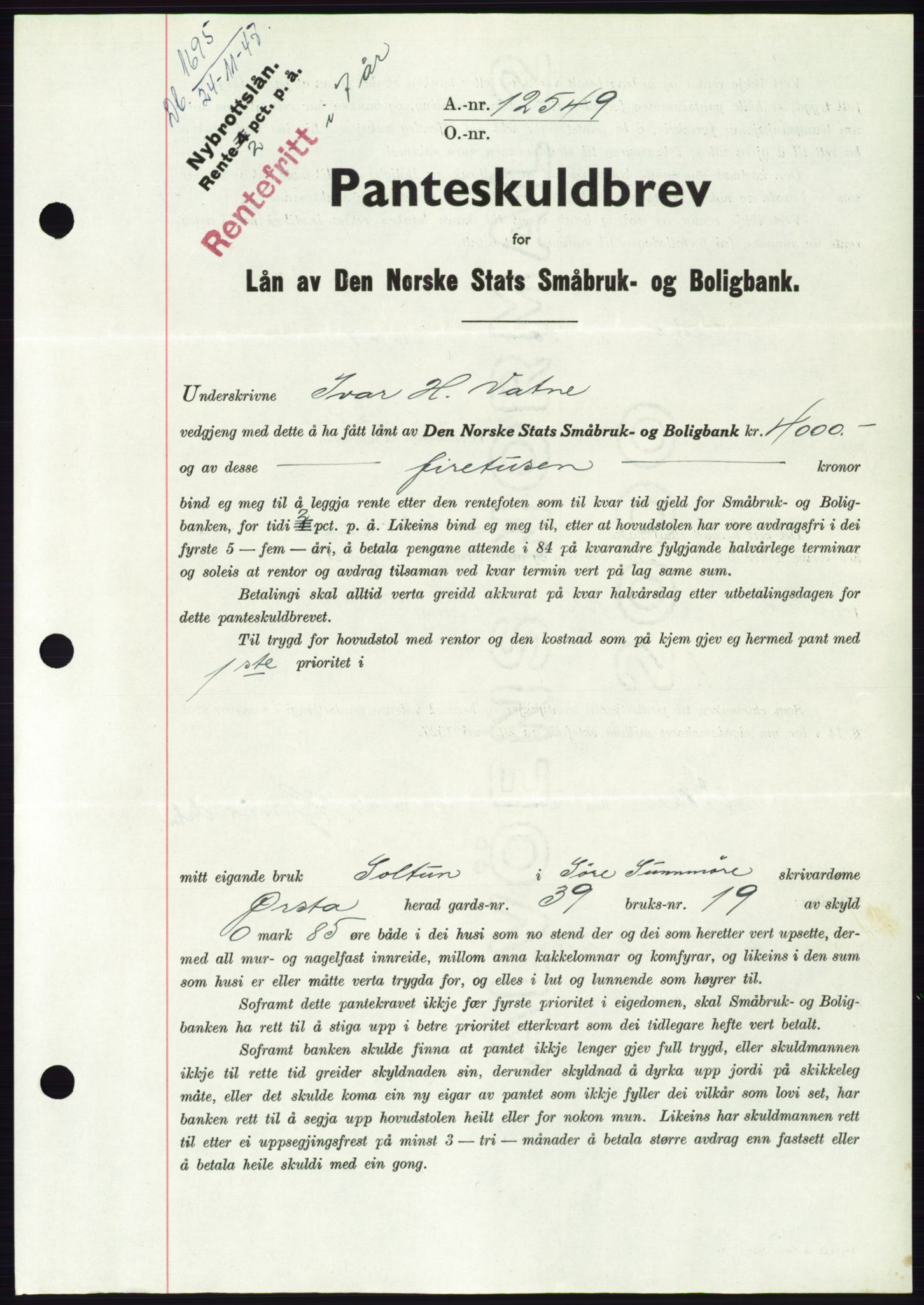 Søre Sunnmøre sorenskriveri, AV/SAT-A-4122/1/2/2C/L0115: Mortgage book no. 3B, 1947-1948, Diary no: : 1695/1947