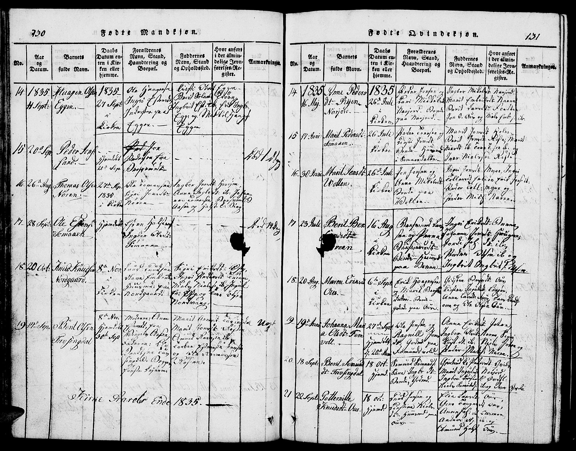 Tolga prestekontor, SAH/PREST-062/L/L0002: Parish register (copy) no. 2, 1815-1844, p. 130-131