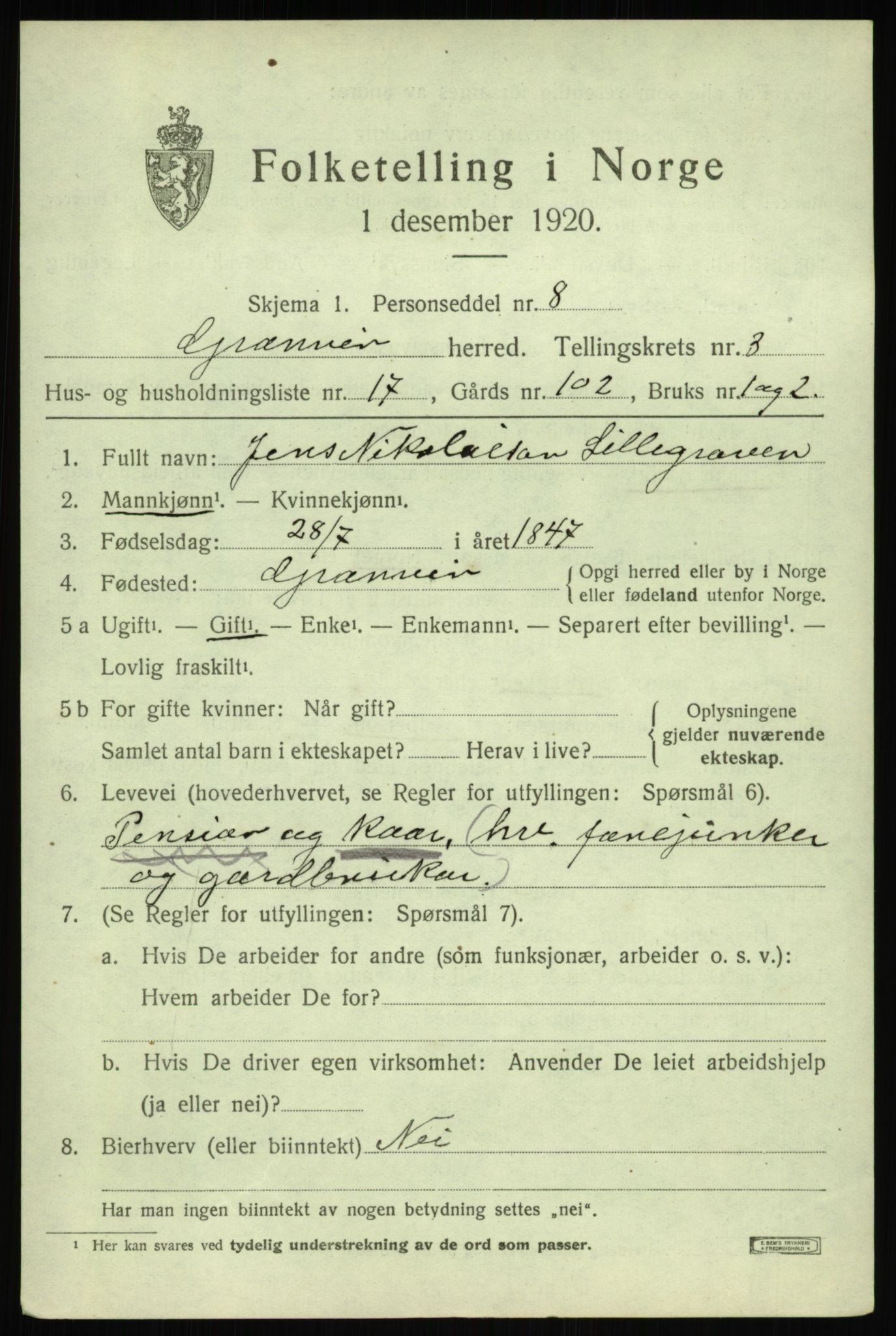 SAB, 1920 census for Granvin, 1920, p. 1328