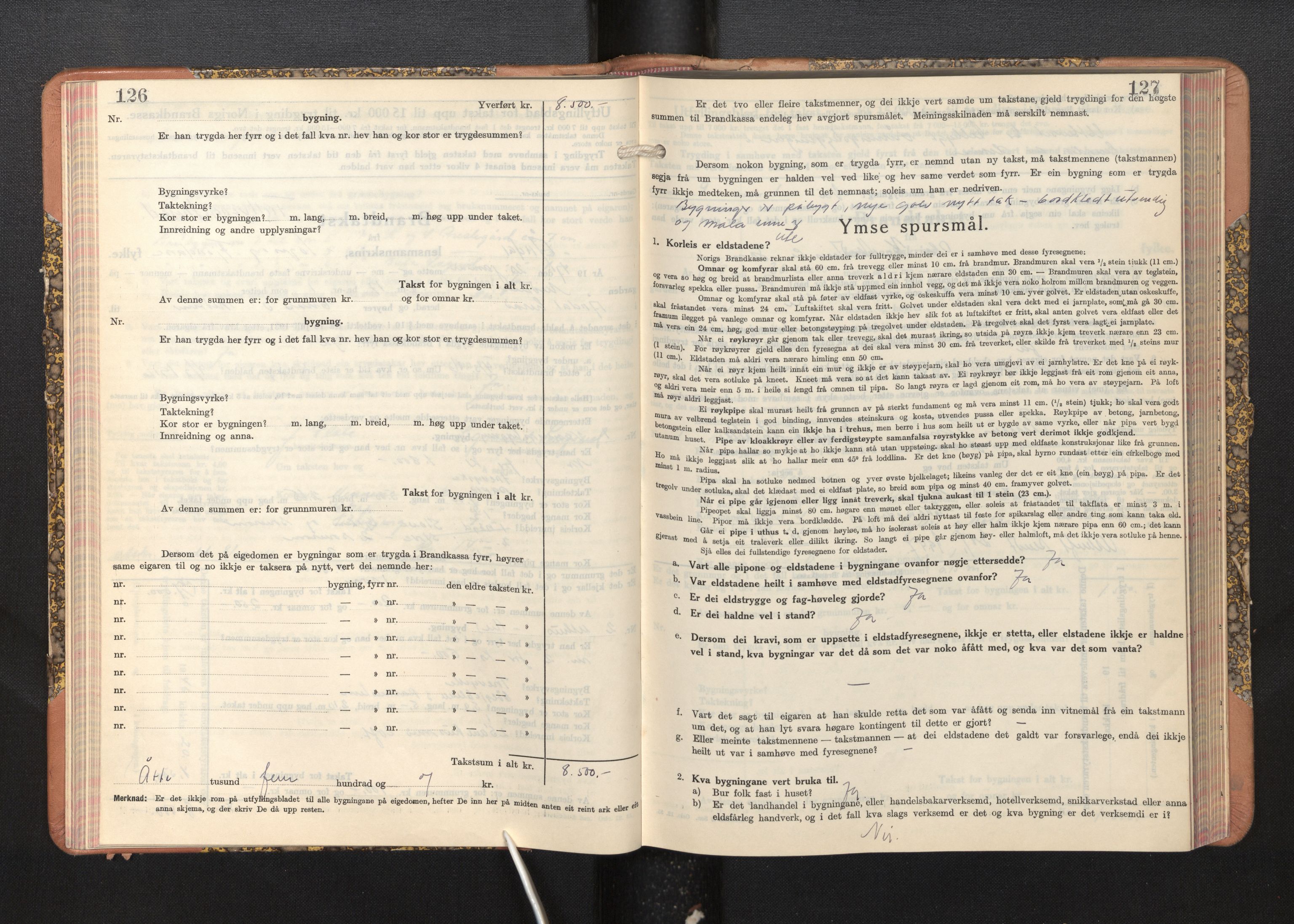 Lensmannen i Årdal, AV/SAB-A-30501/0012/L0011: Branntakstprotokoll, skjematakst, 1939-1948, p. 126-127