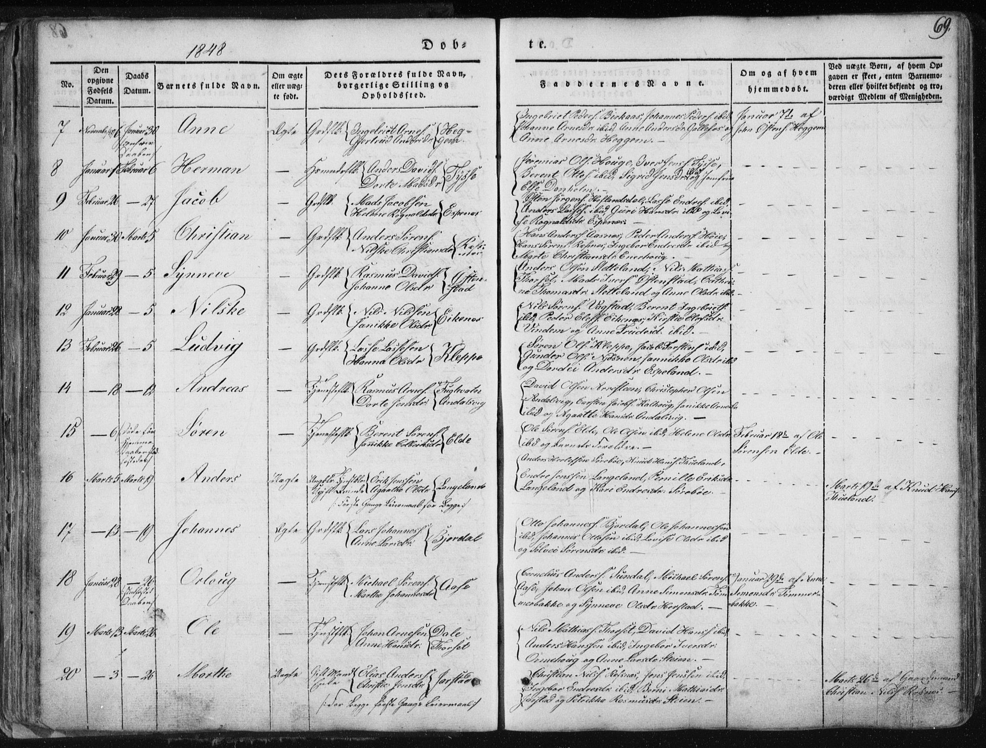 Fjaler sokneprestembete, SAB/A-79801/H/Haa/Haaa/L0006: Parish register (official) no. A 6, 1835-1884, p. 69