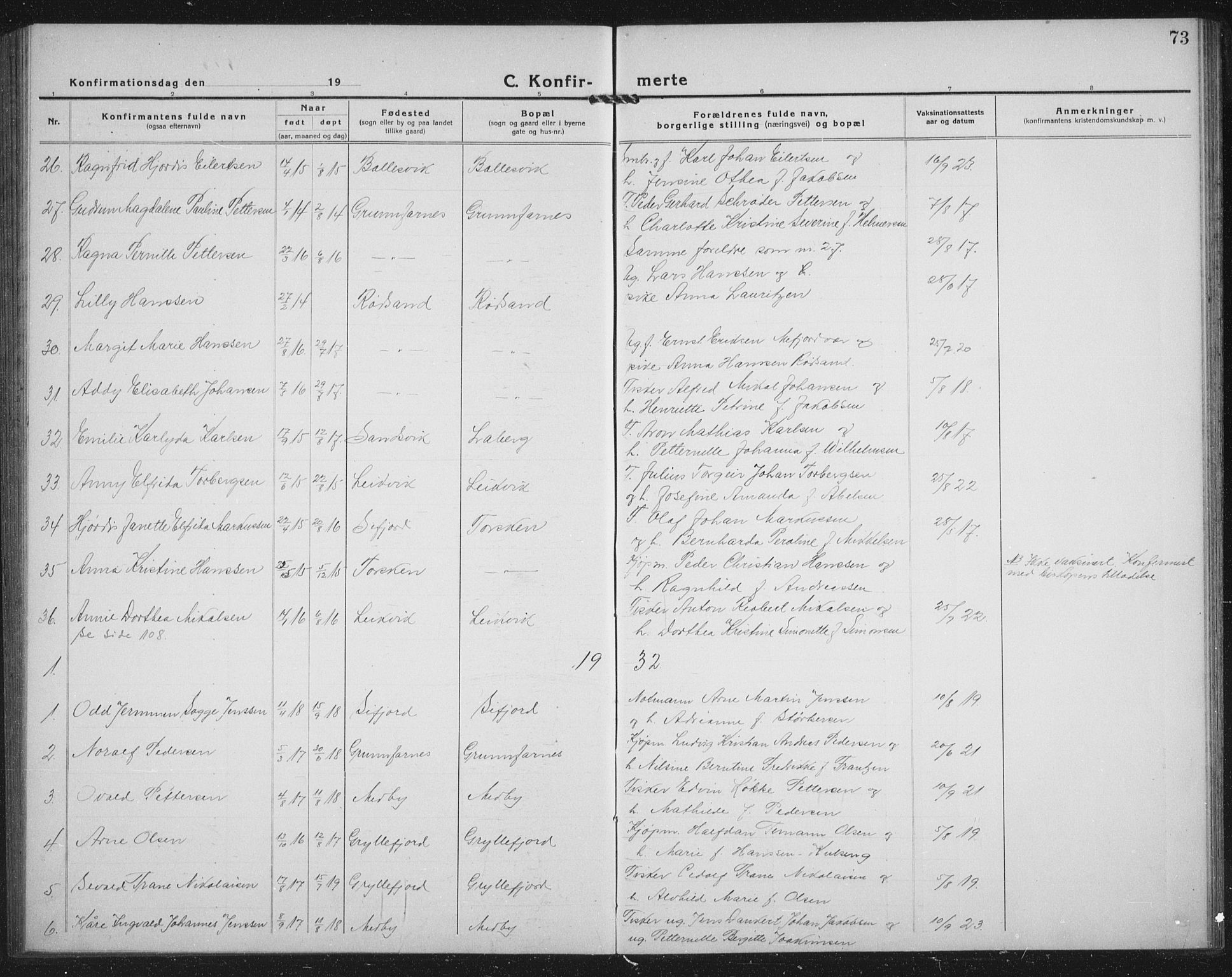 Berg sokneprestkontor, AV/SATØ-S-1318/G/Ga/Gab/L0014klokker: Parish register (copy) no. 14, 1922-1933, p. 73