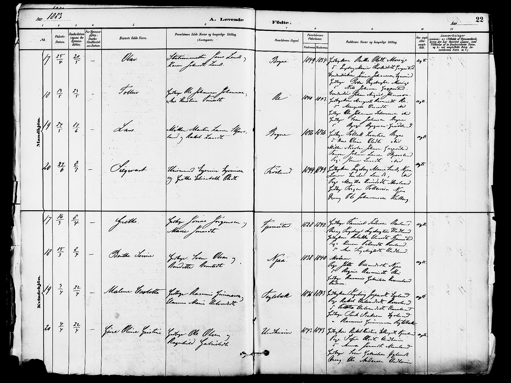 Lye sokneprestkontor, AV/SAST-A-101794/001/30BA/L0009: Parish register (official) no. A 8, 1881-1892, p. 22