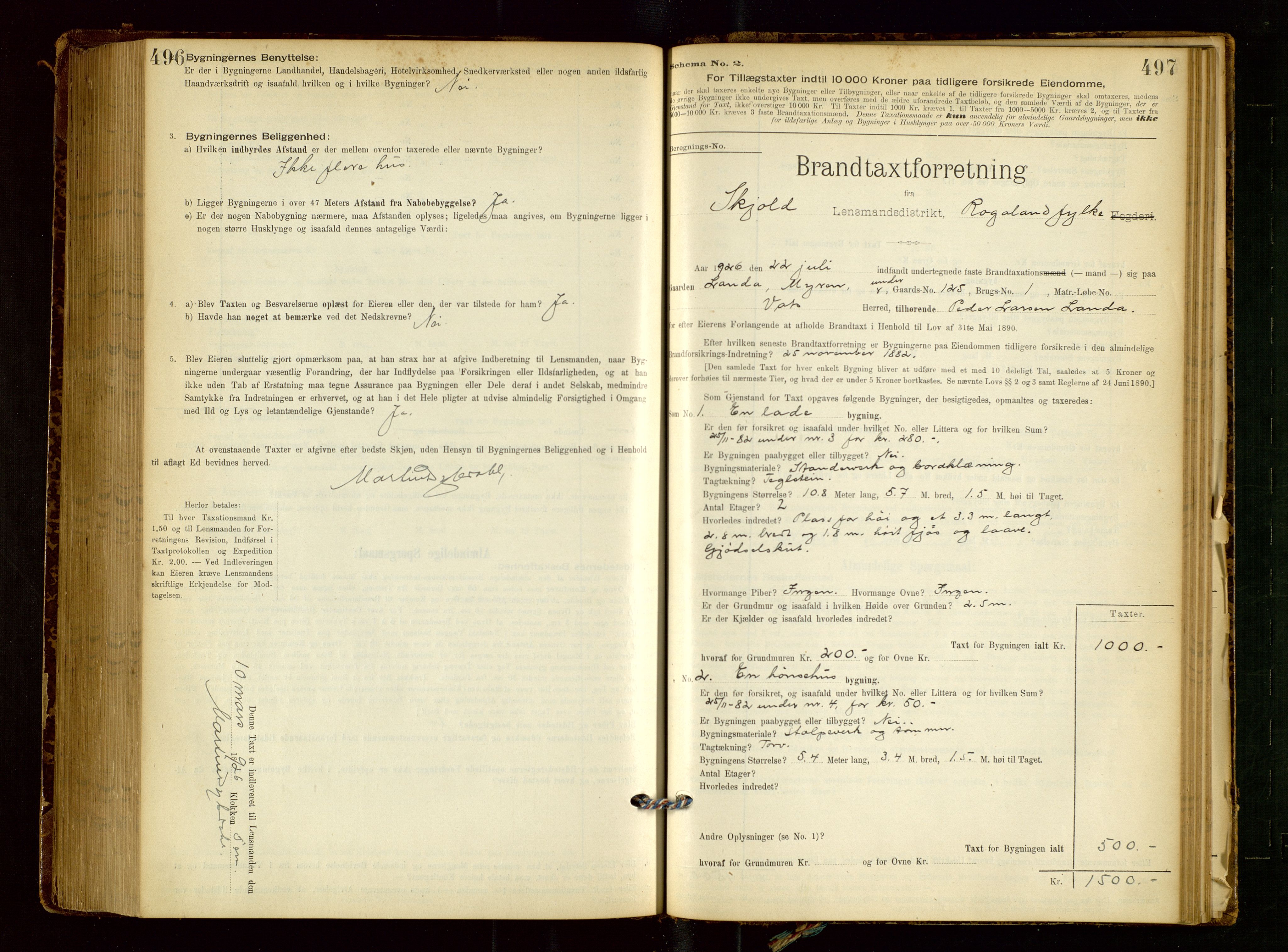 Skjold lensmannskontor, SAST/A-100182/Gob/L0001: "Brandtaxationsprotokol for Skjold Lensmandsdistrikt Ryfylke Fogderi", 1894-1939, p. 496-497