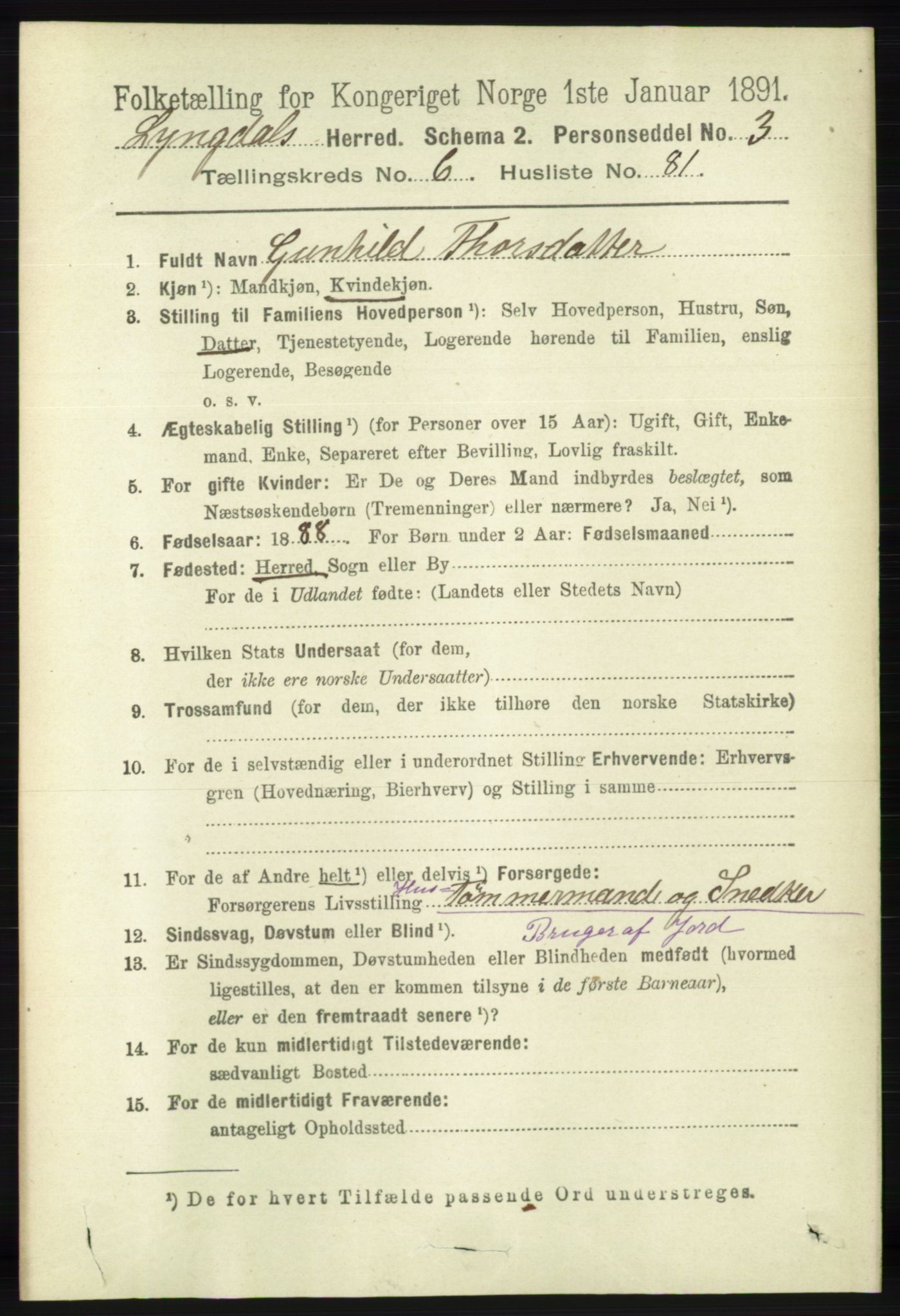 RA, 1891 census for 1032 Lyngdal, 1891, p. 2824