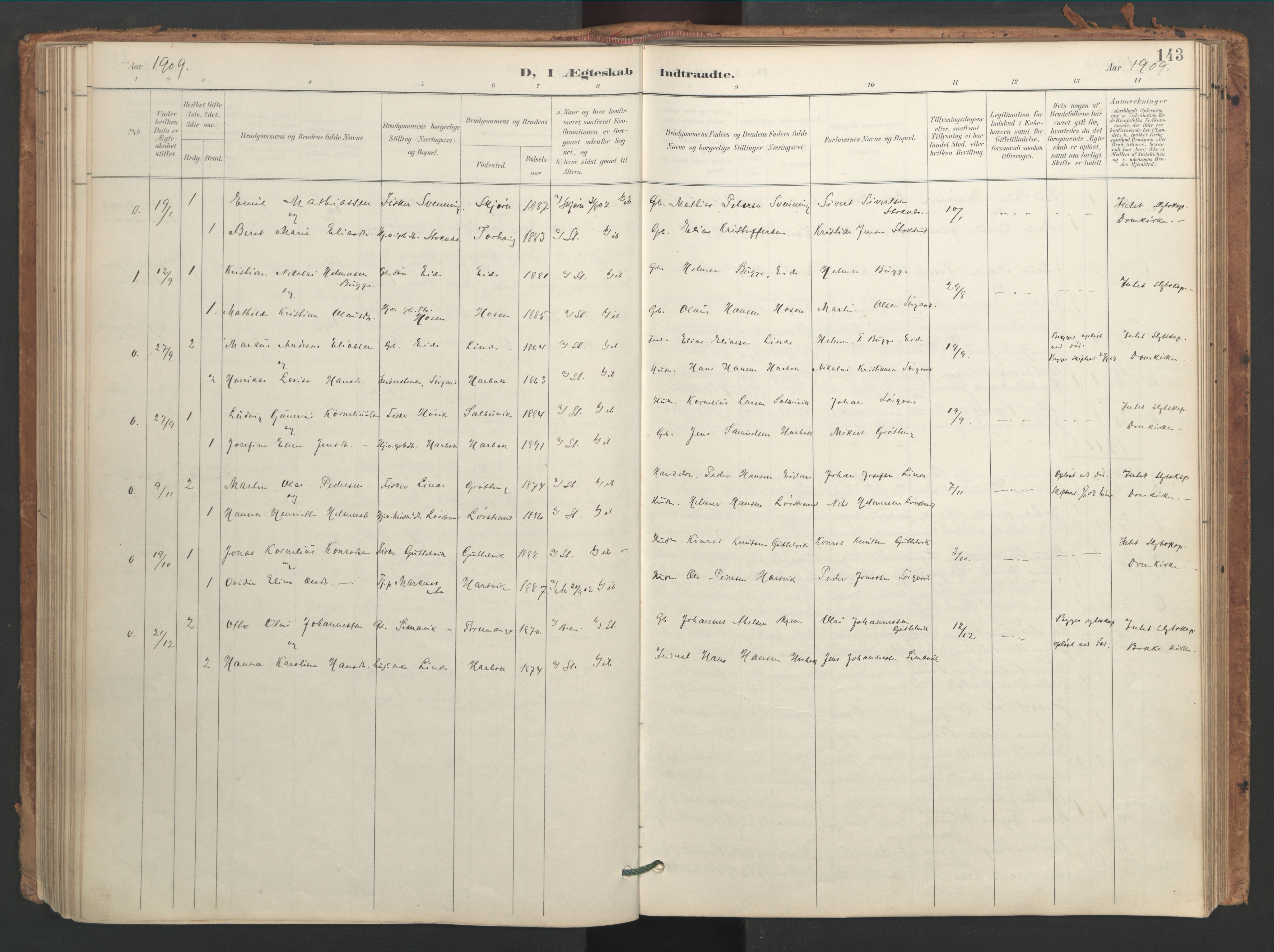 Ministerialprotokoller, klokkerbøker og fødselsregistre - Sør-Trøndelag, SAT/A-1456/656/L0693: Parish register (official) no. 656A02, 1894-1913, p. 143
