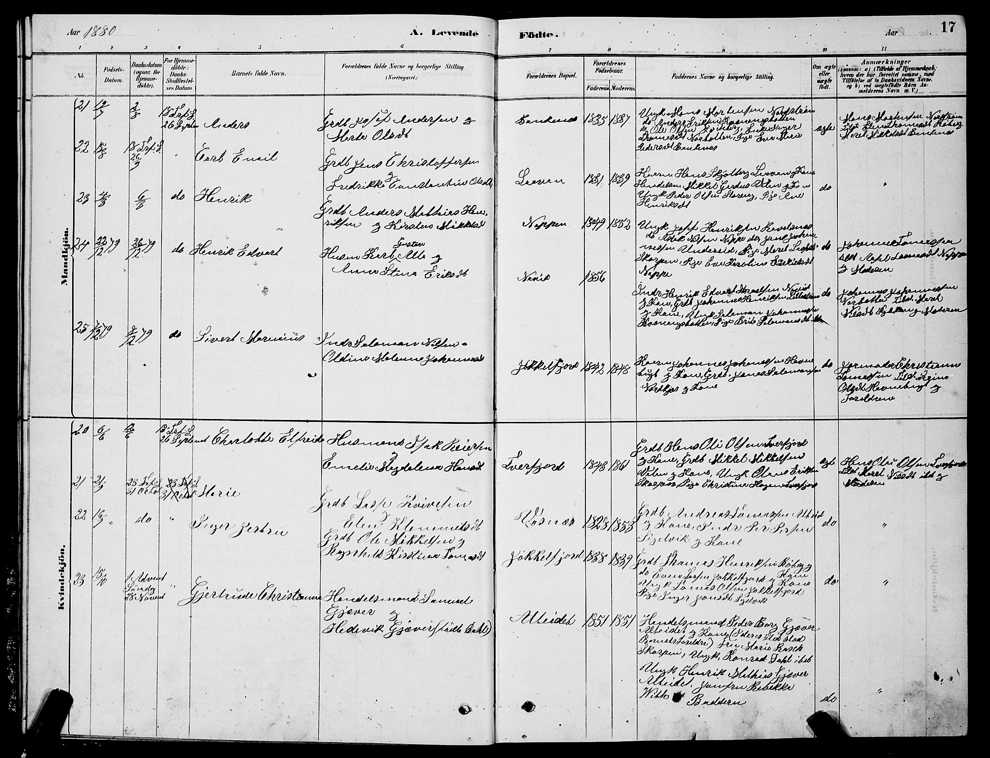 Skjervøy sokneprestkontor, AV/SATØ-S-1300/H/Ha/Hab/L0015klokker: Parish register (copy) no. 15, 1878-1890, p. 17