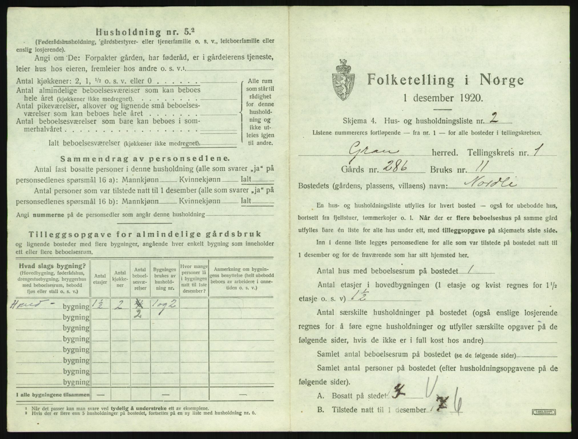 SAH, 1920 census for Gran, 1920, p. 50