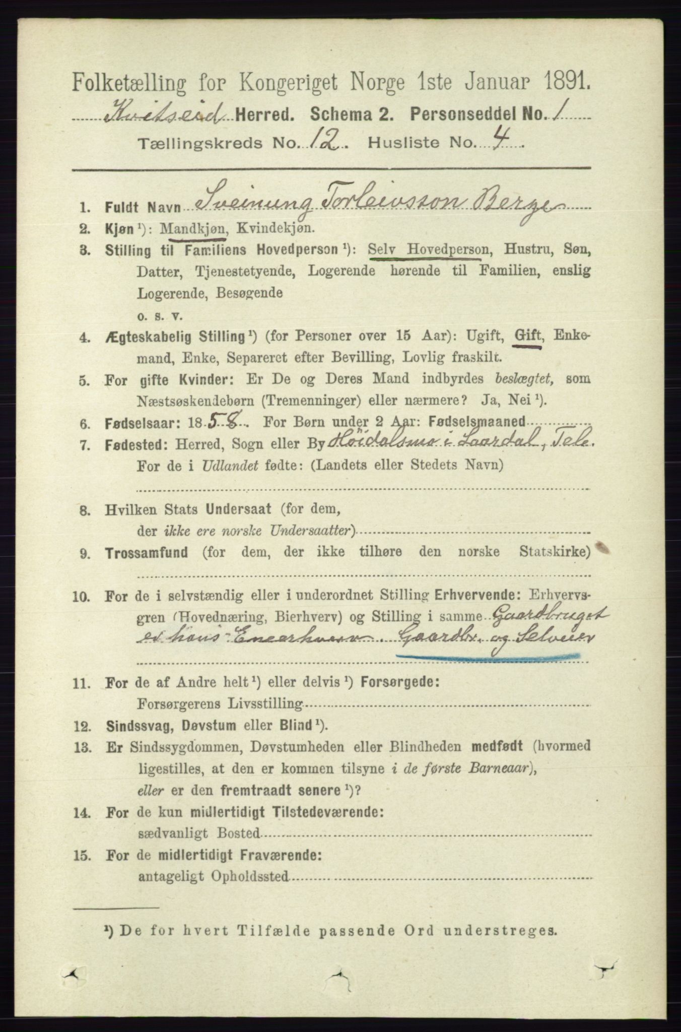 RA, 1891 census for 0829 Kviteseid, 1891, p. 2856