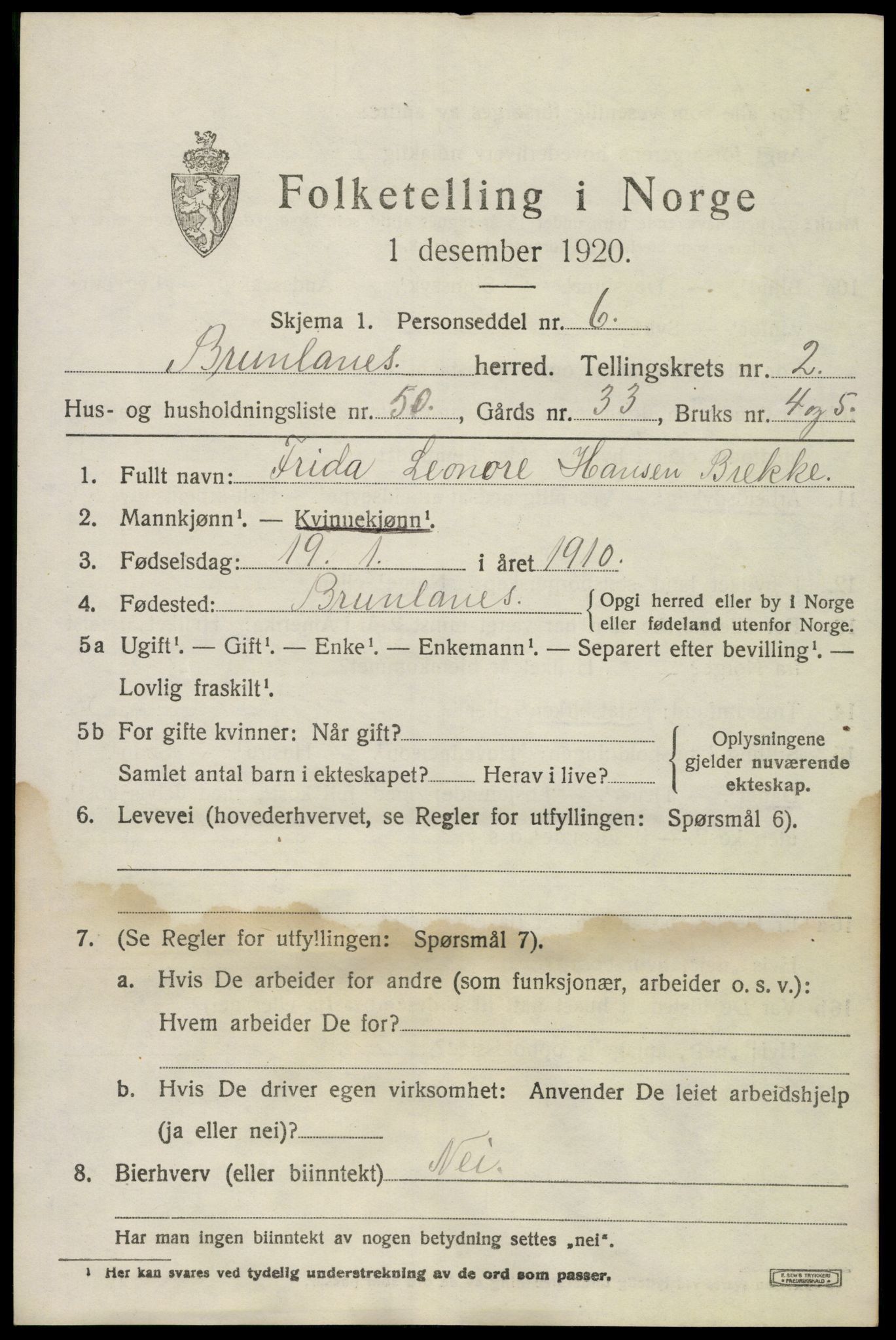 SAKO, 1920 census for Brunlanes, 1920, p. 3845