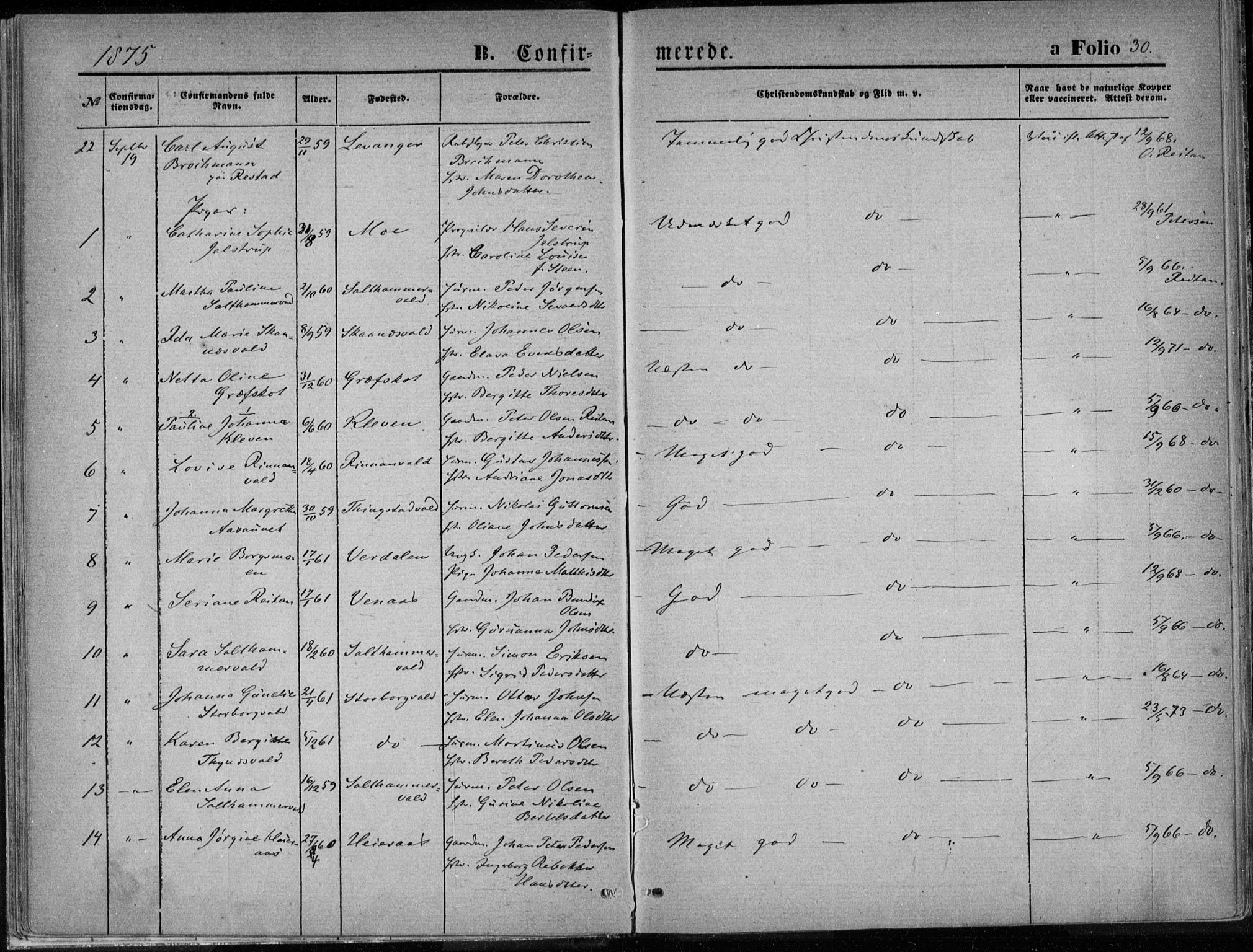 Ministerialprotokoller, klokkerbøker og fødselsregistre - Nord-Trøndelag, AV/SAT-A-1458/720/L0187: Parish register (official) no. 720A04 /1, 1875-1879, p. 30