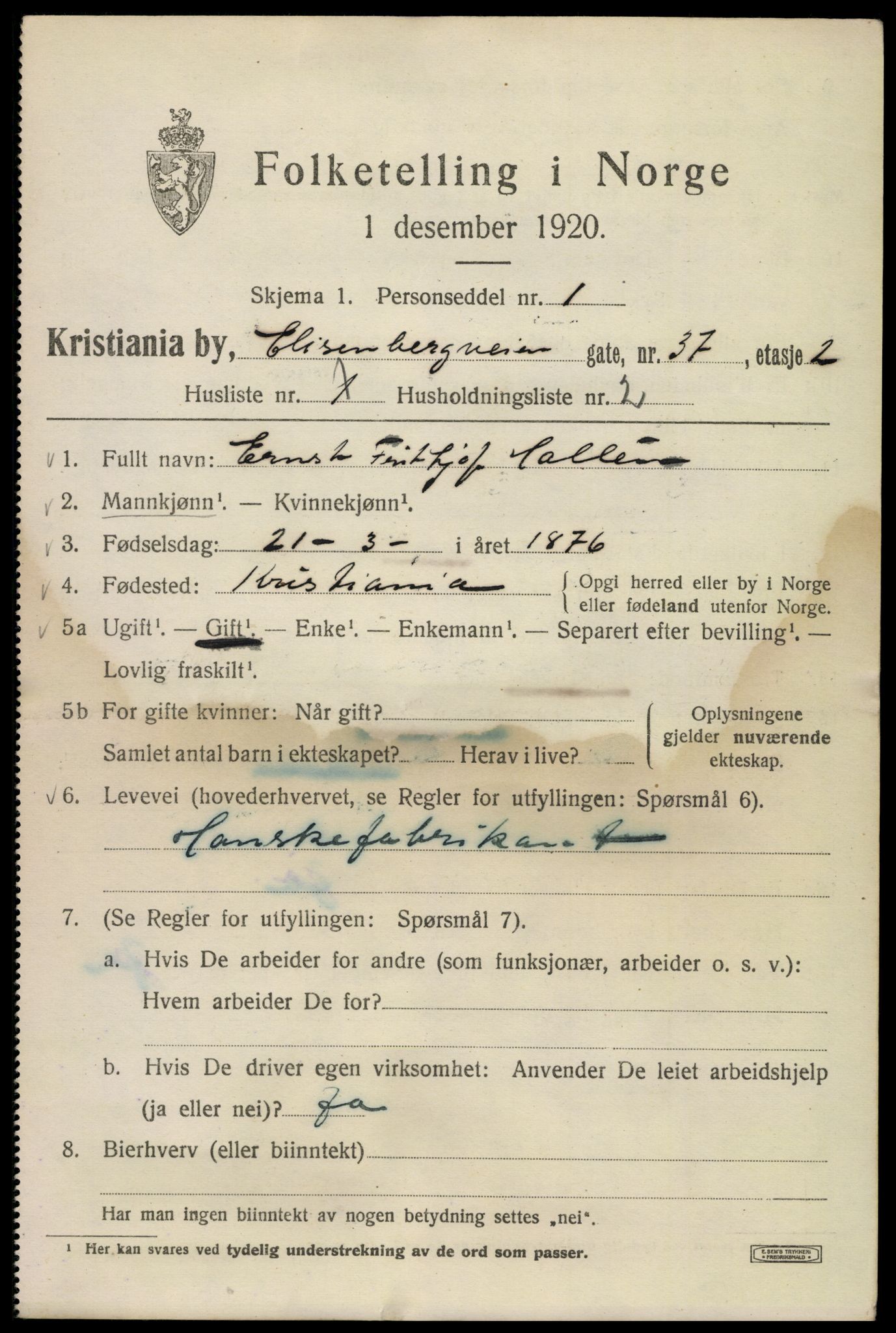 SAO, 1920 census for Kristiania, 1920, p. 215017