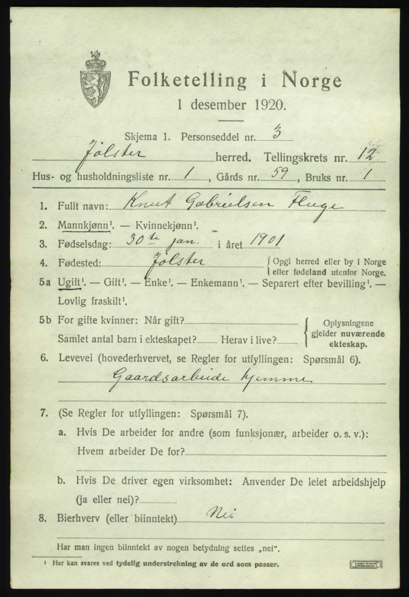 SAB, 1920 census for Jølster, 1920, p. 5576