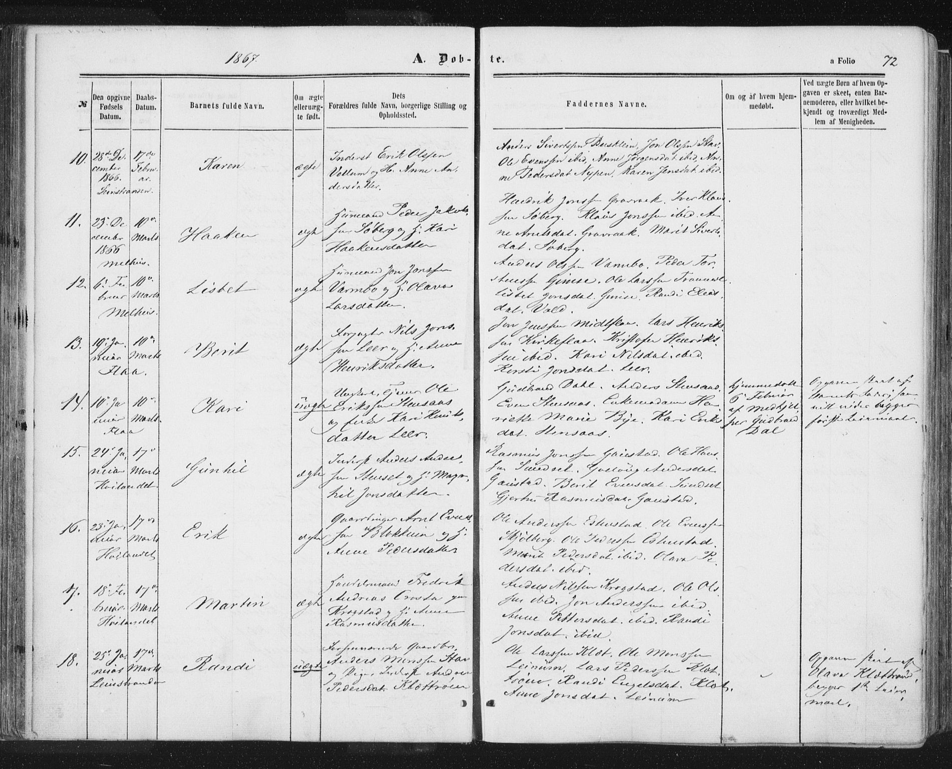 Ministerialprotokoller, klokkerbøker og fødselsregistre - Sør-Trøndelag, SAT/A-1456/691/L1077: Parish register (official) no. 691A09, 1862-1873, p. 72