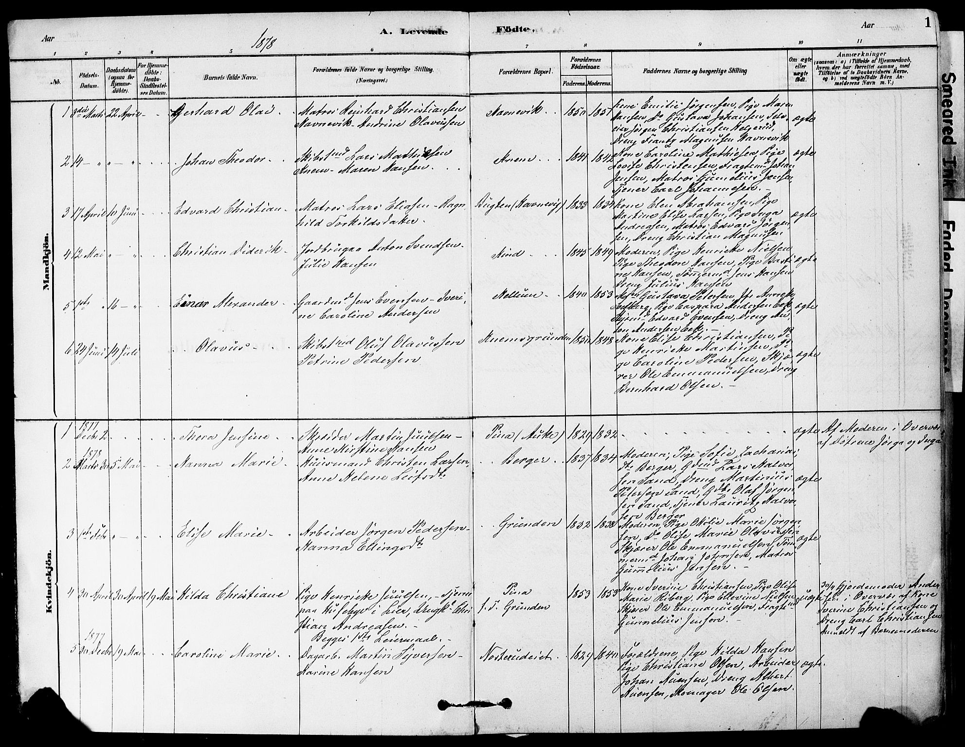 Strømm kirkebøker, AV/SAKO-A-322/F/Fa/L0004: Parish register (official) no. I 4, 1878-1899, p. 1