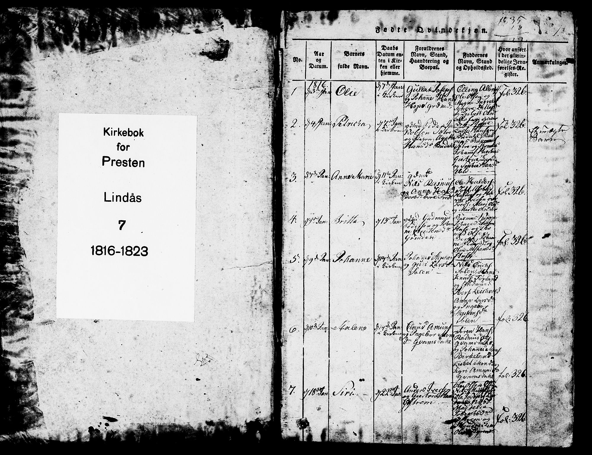 Lindås Sokneprestembete, SAB/A-76701/H/Haa: Parish register (official) no. A 7, 1816-1823, p. 1