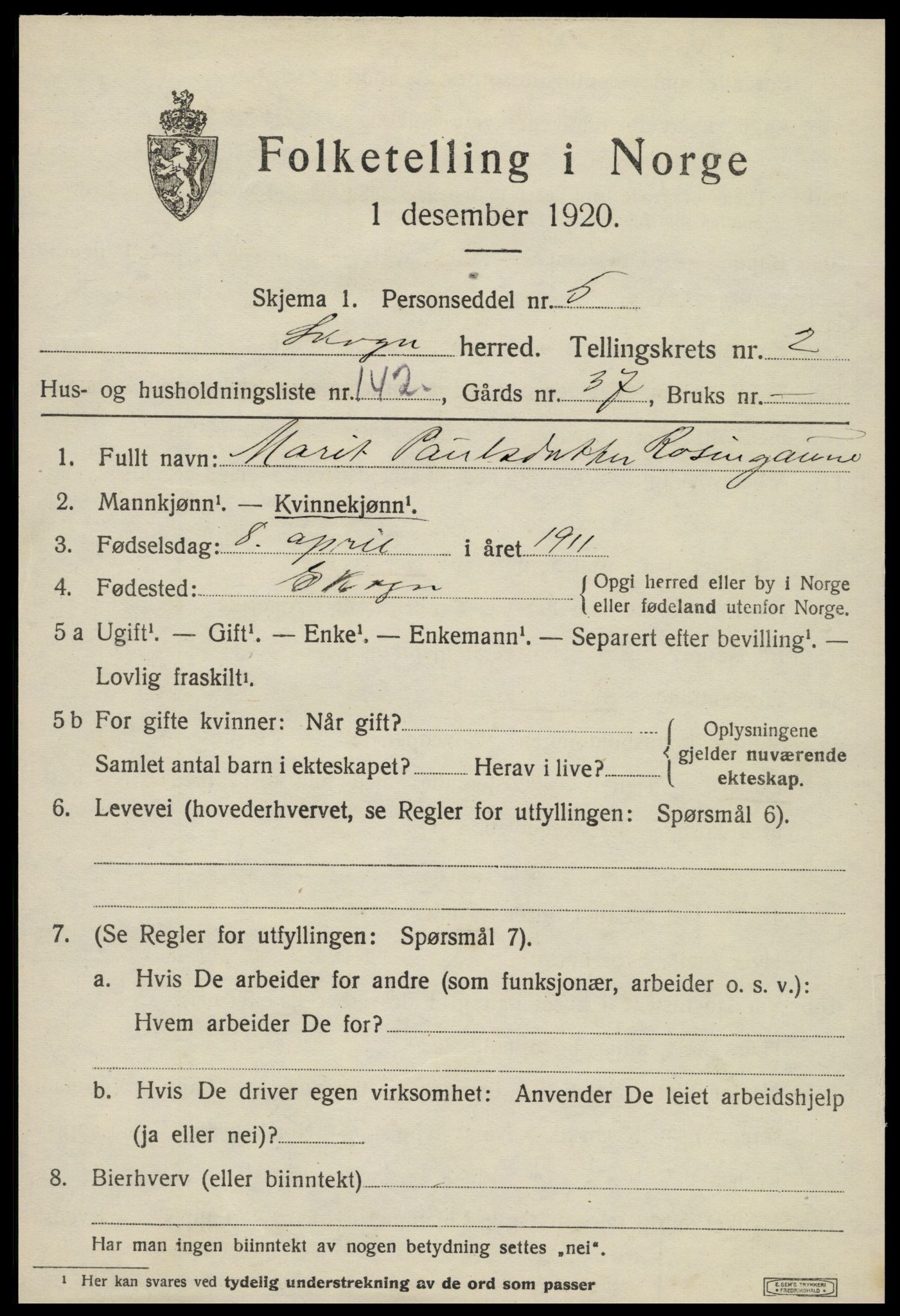 SAT, 1920 census for Skogn, 1920, p. 4593