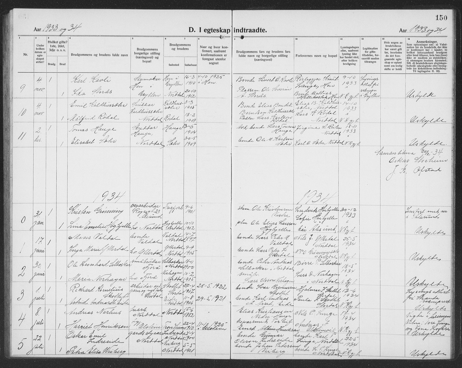 Ministerialprotokoller, klokkerbøker og fødselsregistre - Møre og Romsdal, SAT/A-1454/519/L0266: Parish register (copy) no. 519C07, 1921-1939, p. 150