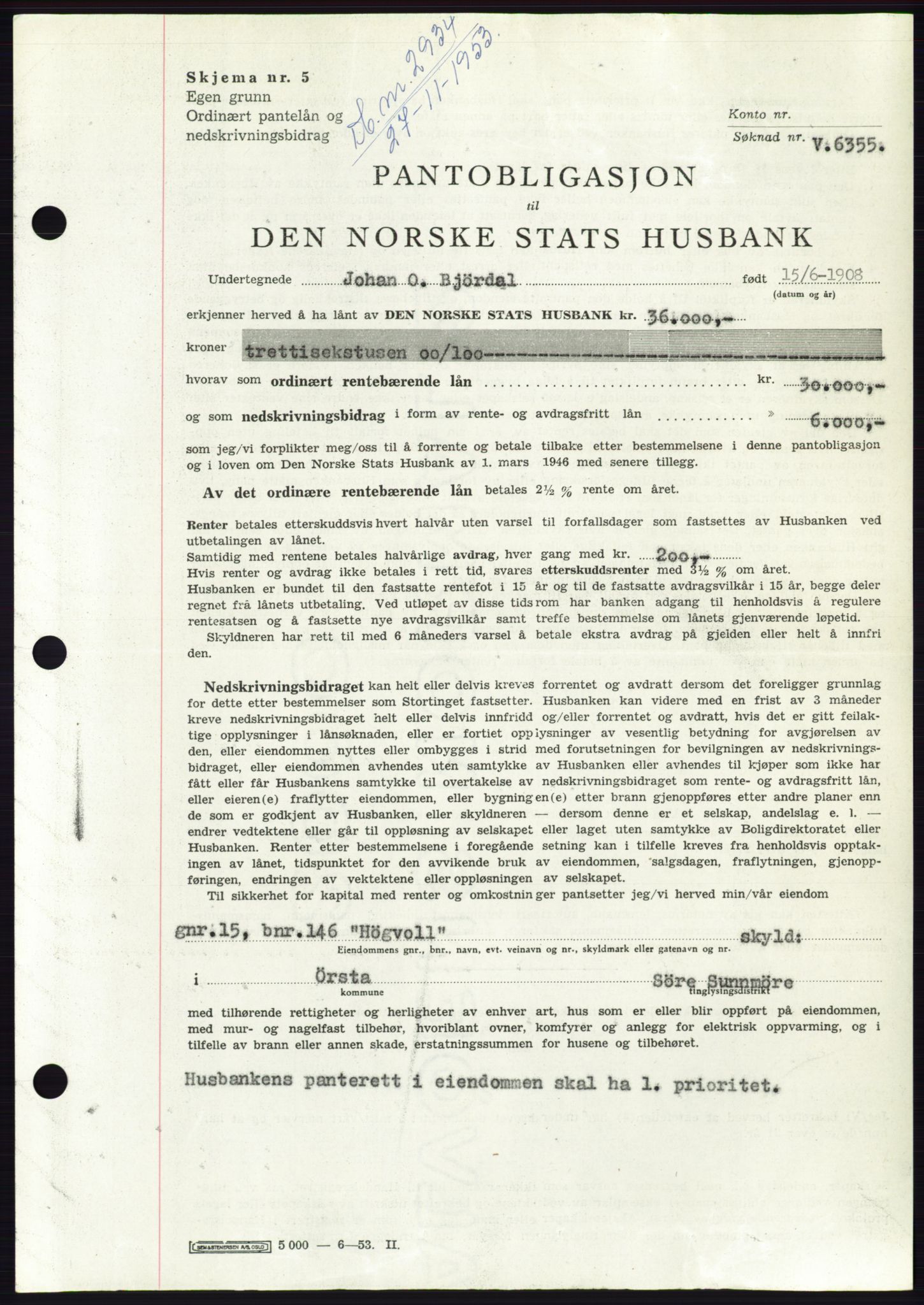 Søre Sunnmøre sorenskriveri, AV/SAT-A-4122/1/2/2C/L0124: Mortgage book no. 12B, 1953-1954, Diary no: : 2934/1953