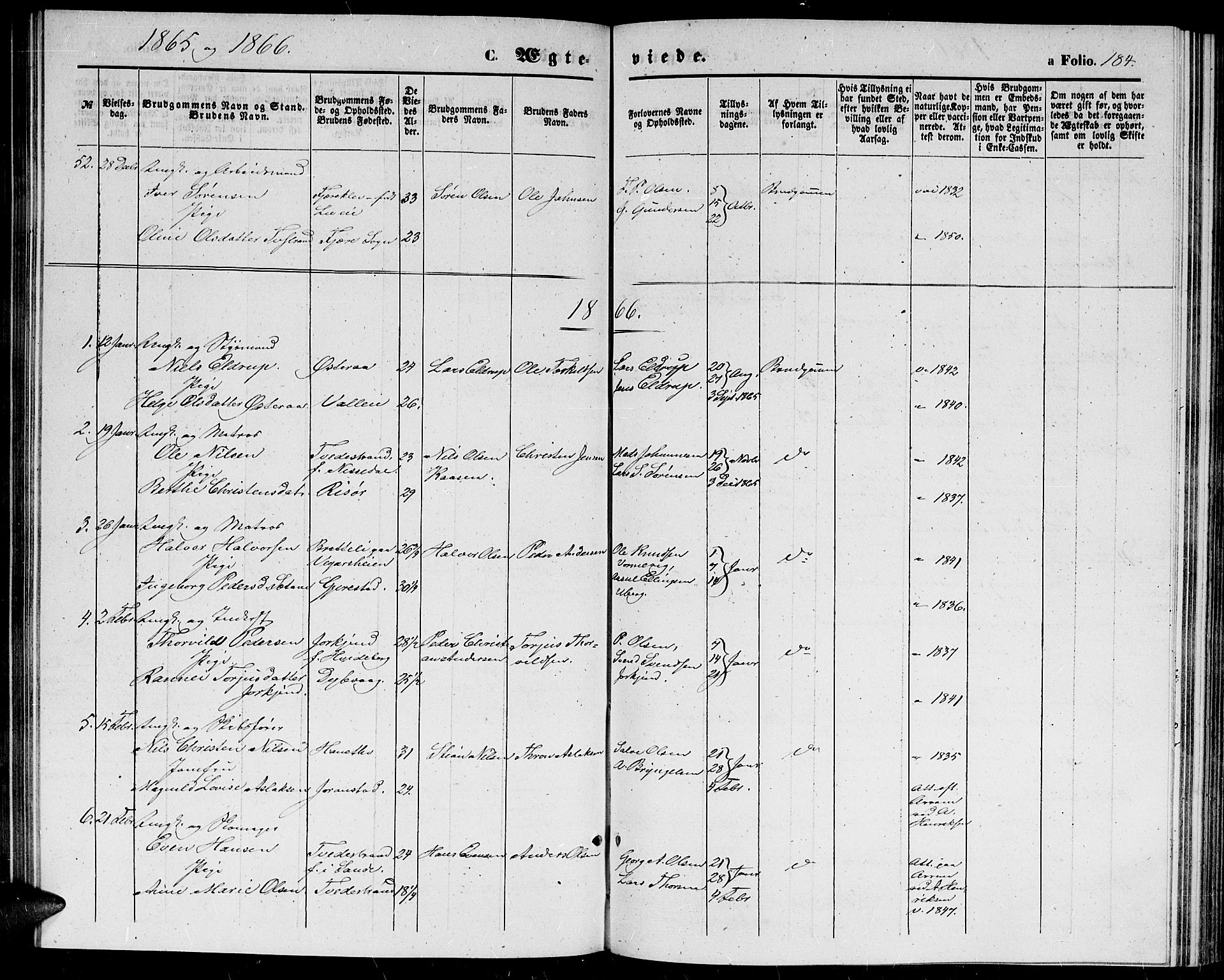 Holt sokneprestkontor, SAK/1111-0021/F/Fb/L0008: Parish register (copy) no. B 8, 1858-1871, p. 184