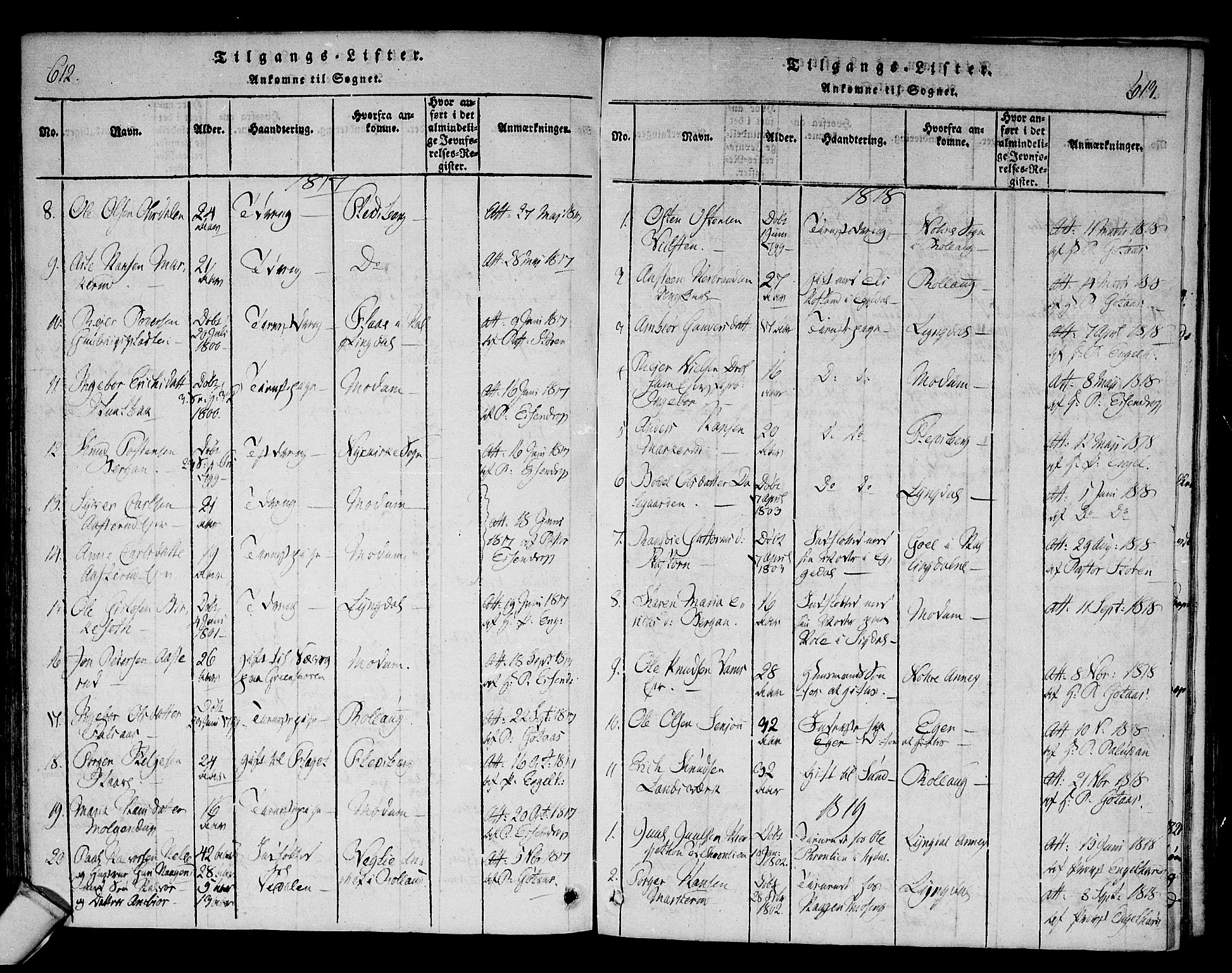Sigdal kirkebøker, SAKO/A-245/F/Fa/L0005: Parish register (official) no. I 5 /1, 1815-1829, p. 612-613