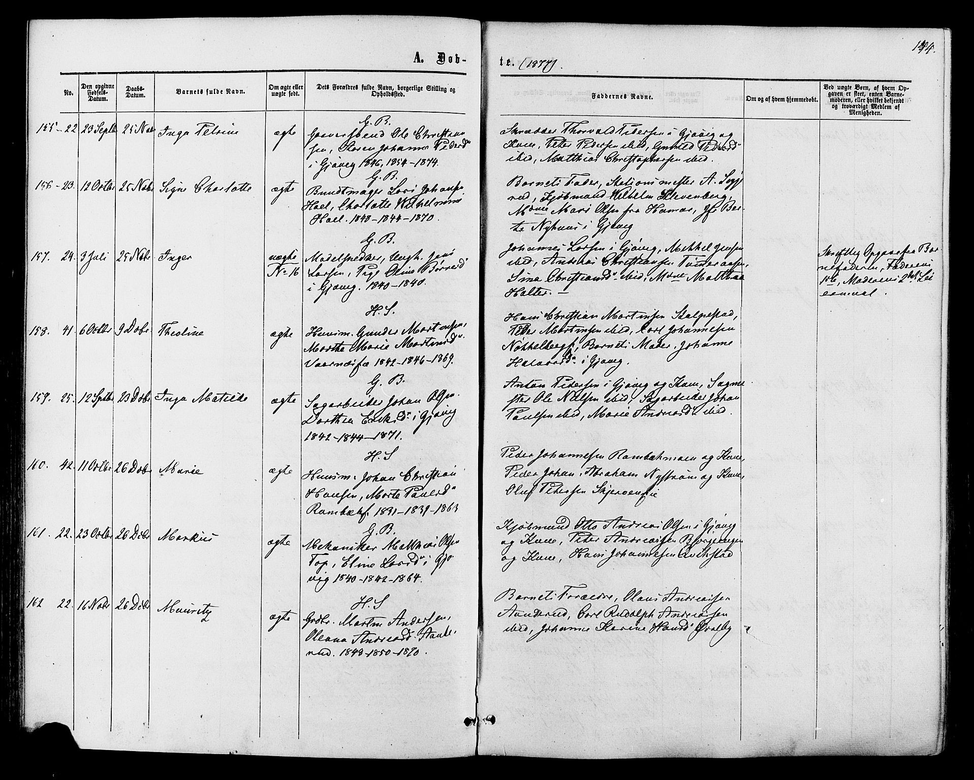 Vardal prestekontor, SAH/PREST-100/H/Ha/Haa/L0007: Parish register (official) no. 7, 1867-1878, p. 144