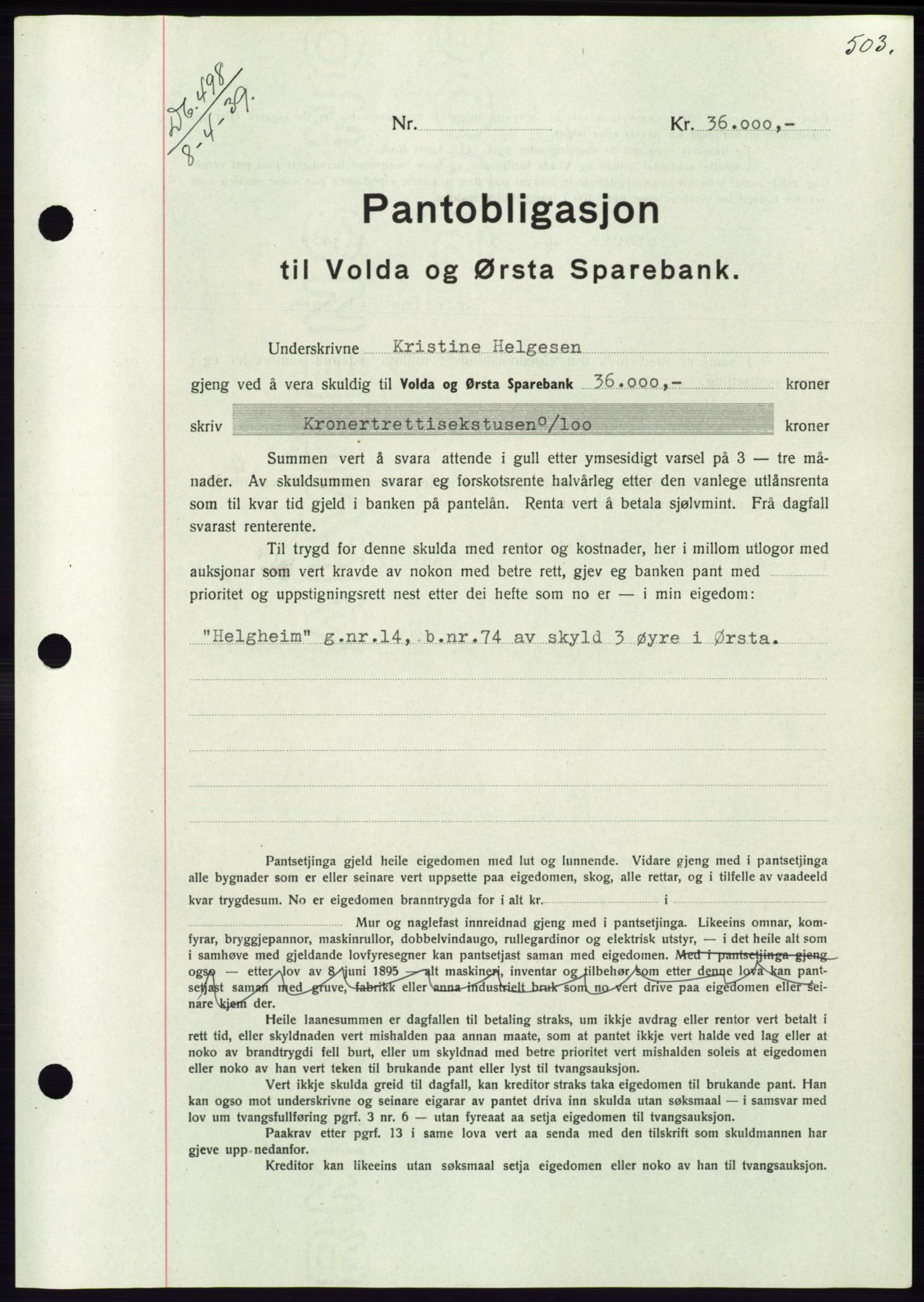 Søre Sunnmøre sorenskriveri, AV/SAT-A-4122/1/2/2C/L0067: Mortgage book no. 61, 1938-1939, Diary no: : 498/1939