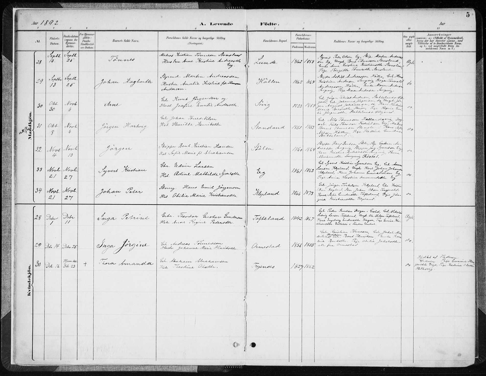 Søgne sokneprestkontor, AV/SAK-1111-0037/F/Fa/Fab/L0013: Parish register (official) no. A 13, 1892-1911, p. 5