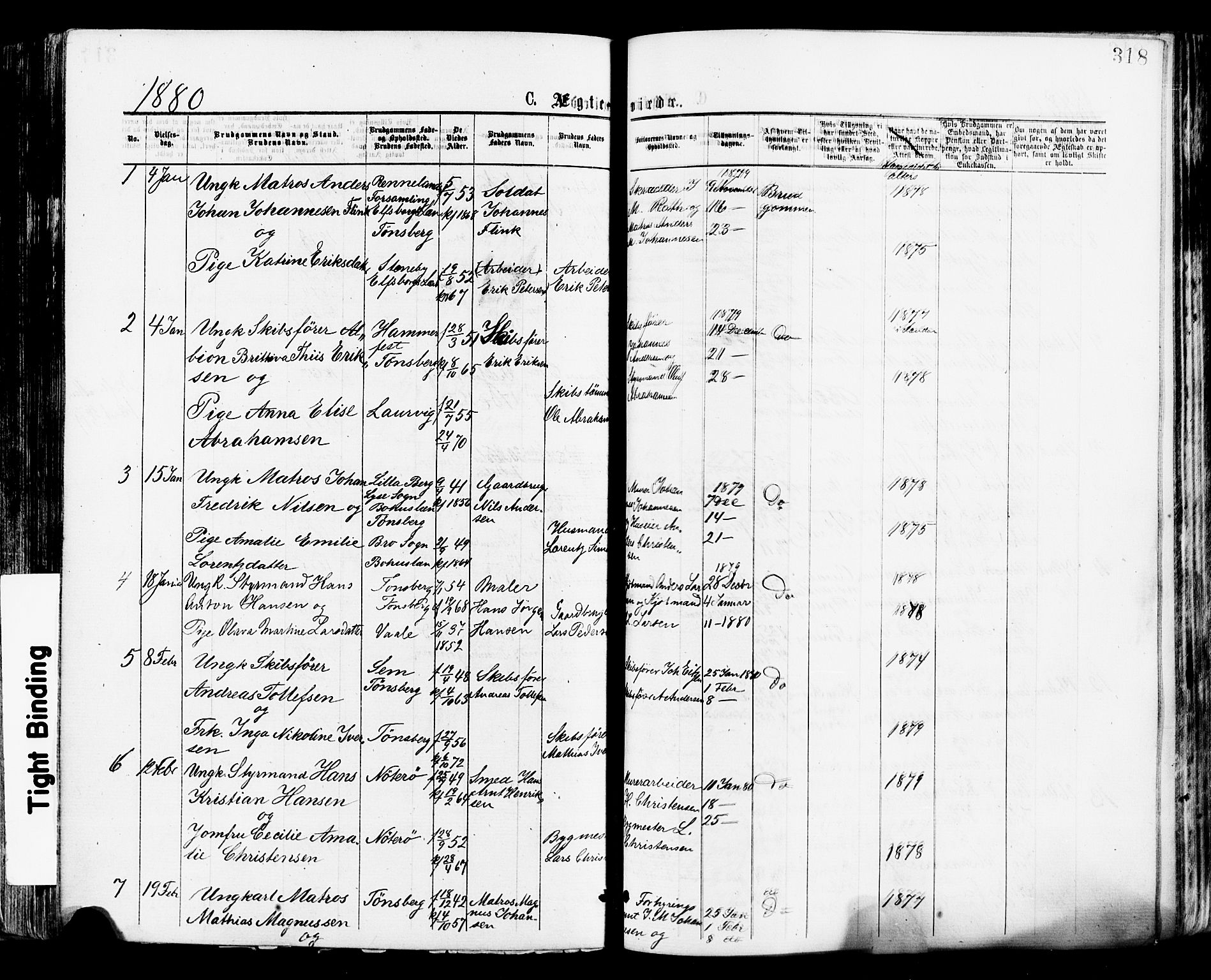 Tønsberg kirkebøker, SAKO/A-330/F/Fa/L0010: Parish register (official) no. I 10, 1874-1880, p. 318