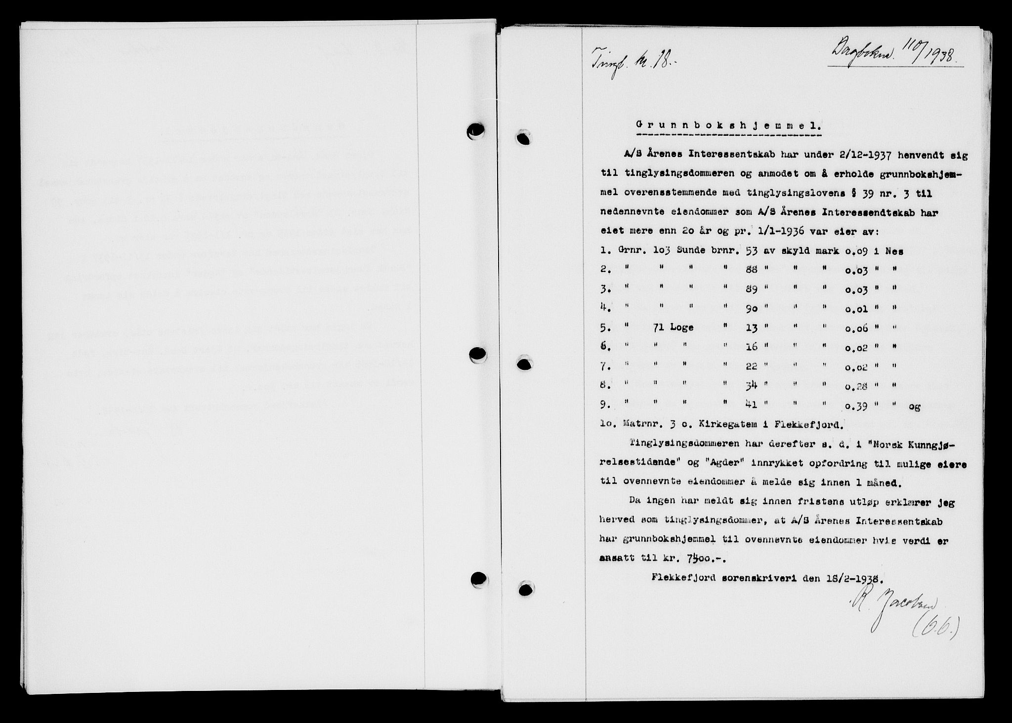 Flekkefjord sorenskriveri, SAK/1221-0001/G/Gb/Gba/L0054: Mortgage book no. A-2, 1937-1938, Diary no: : 110/1938