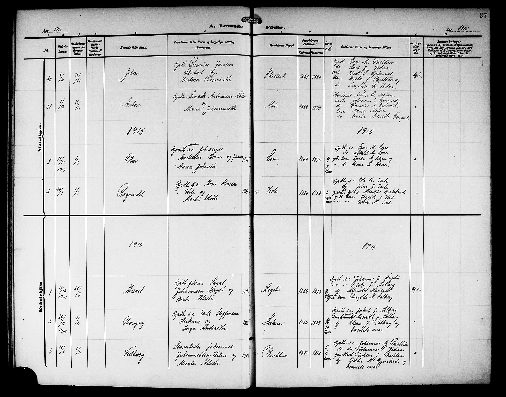 Haus sokneprestembete, AV/SAB-A-75601/H/Hab: Parish register (copy) no. C 4, 1907-1922, p. 37