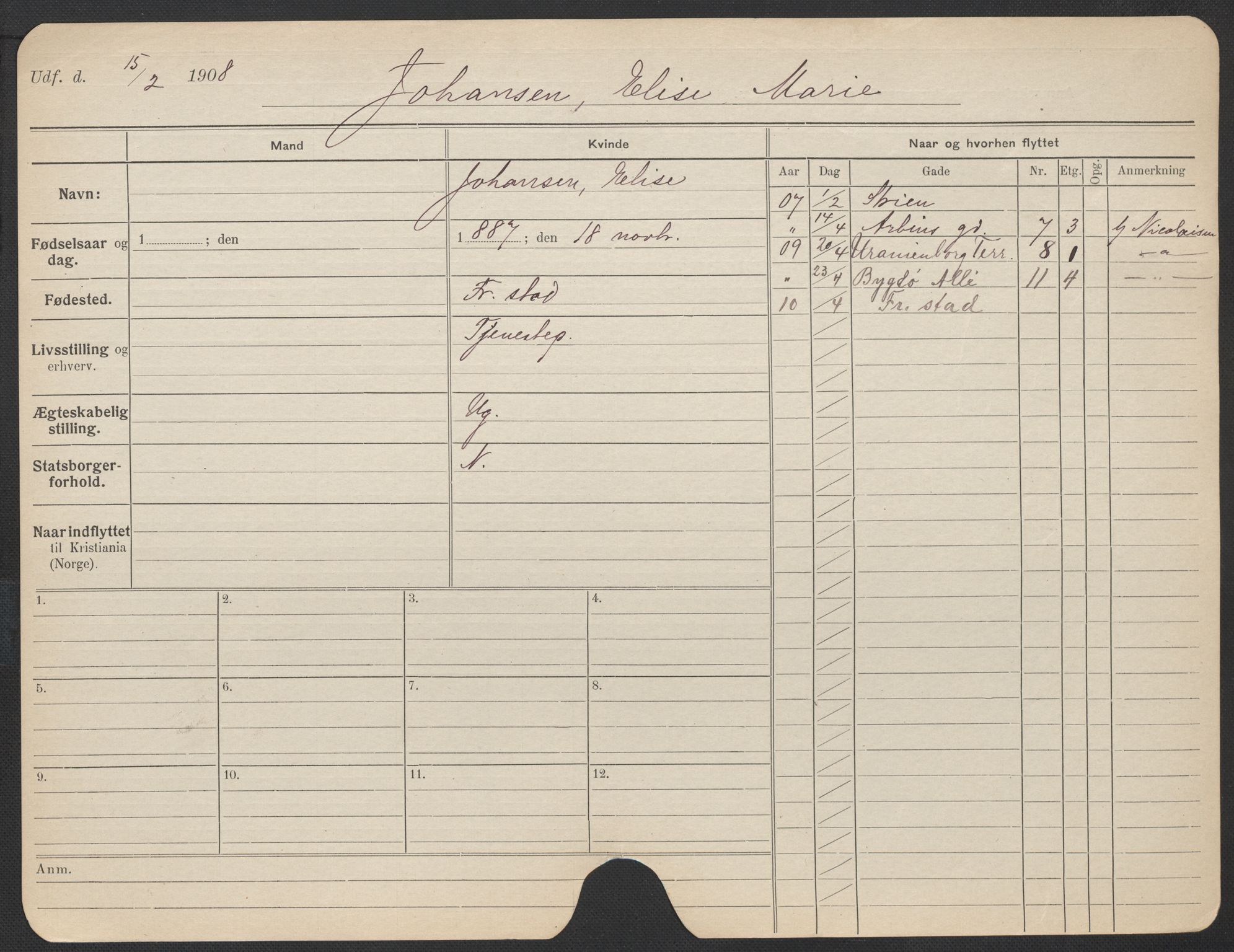 Oslo folkeregister, Registerkort, AV/SAO-A-11715/F/Fa/Fac/L0017: Kvinner, 1906-1914, p. 727a