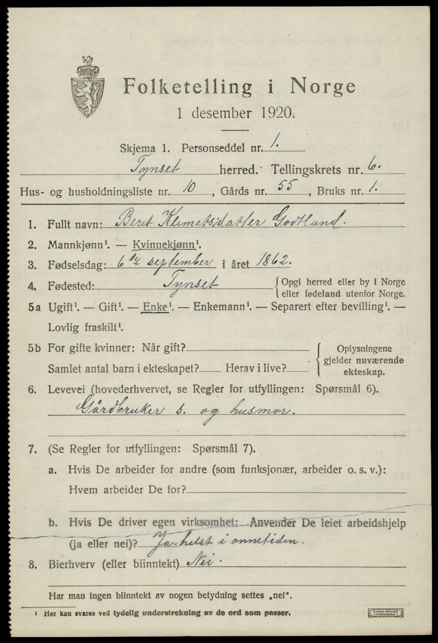 SAH, 1920 census for Tynset, 1920, p. 5628