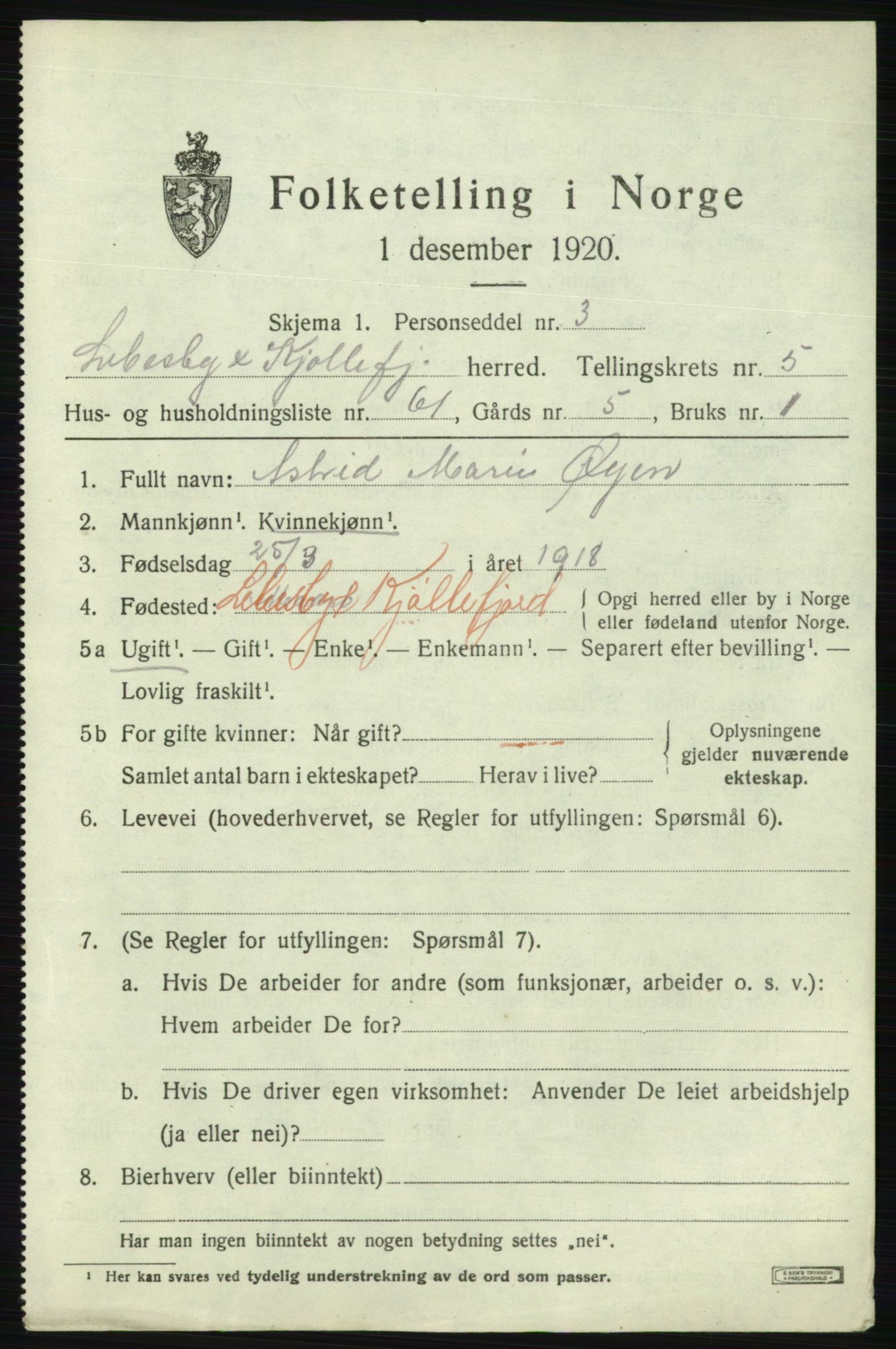 SATØ, 1920 census for Lebesby, 1920, p. 2993