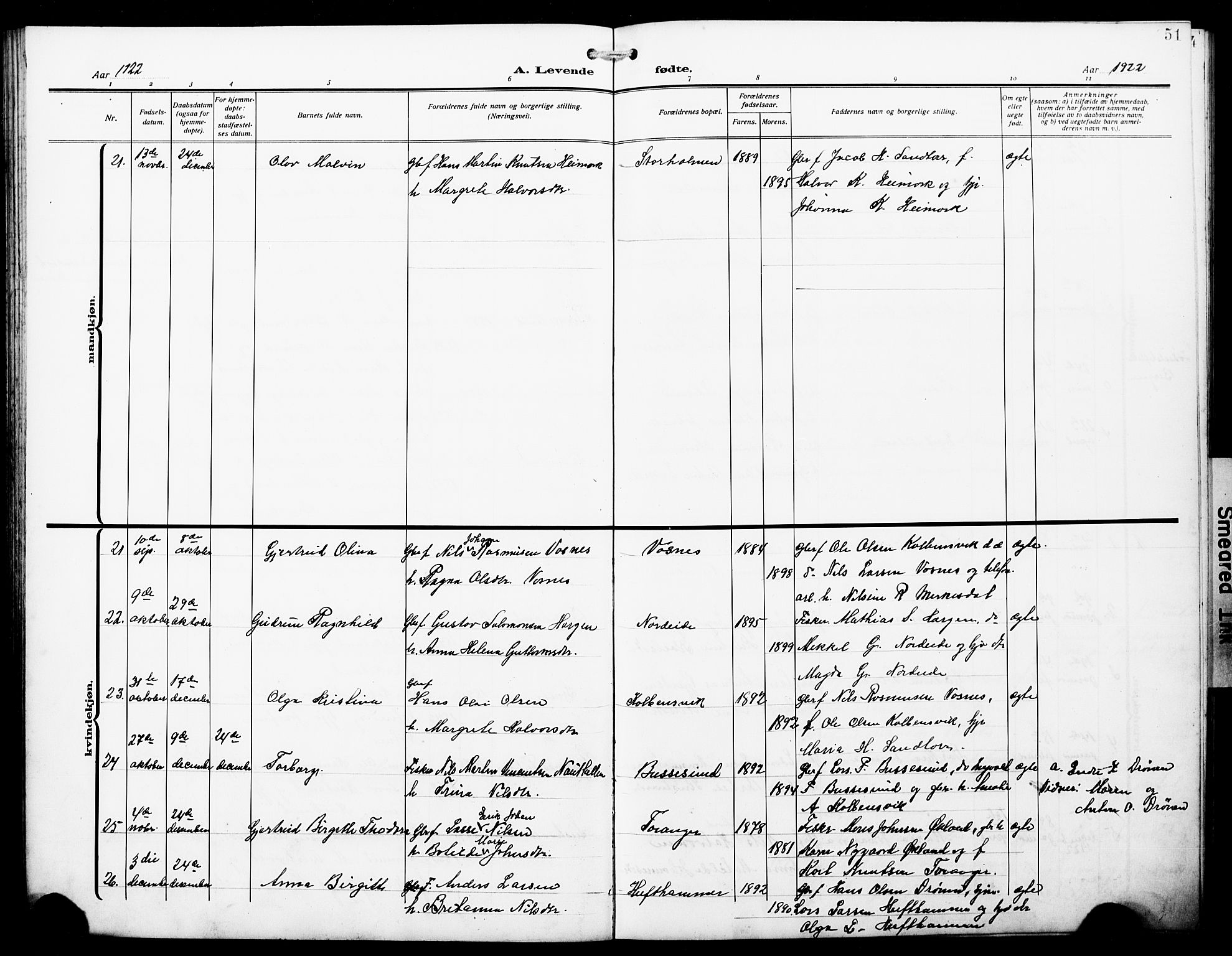 Austevoll Sokneprestembete, SAB/A-74201/H/Hab: Parish register (copy) no. A 5, 1913-1925, p. 51