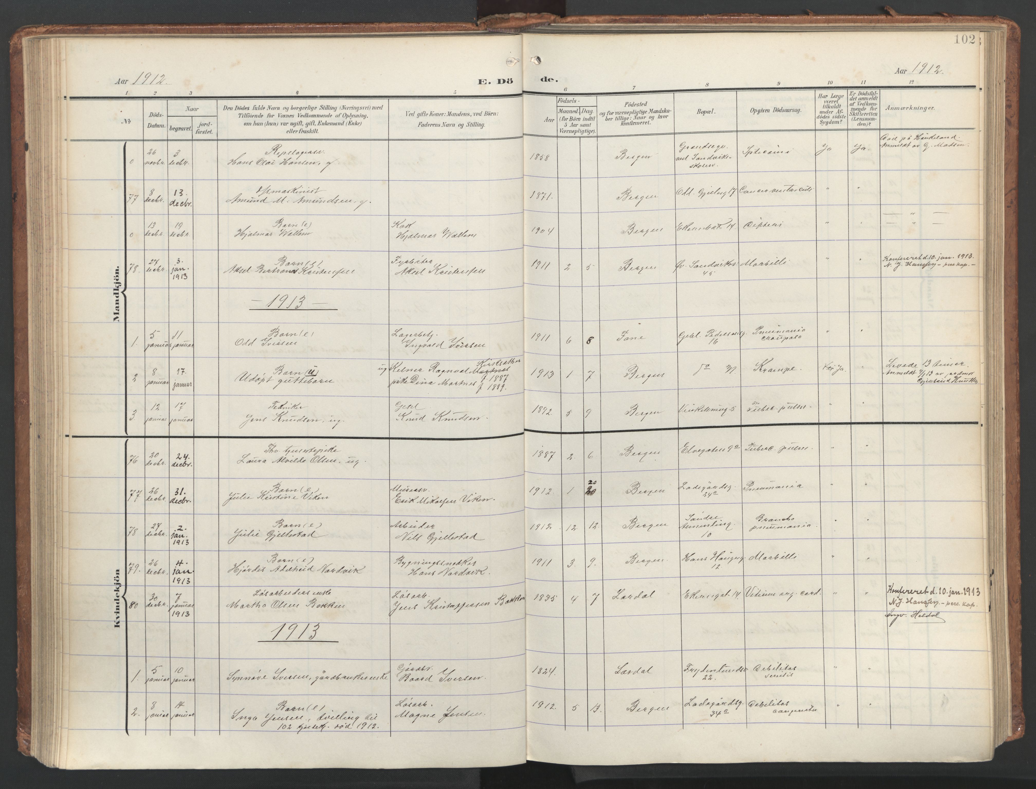 Sandviken Sokneprestembete, AV/SAB-A-77601/H/Ha/L0019: Parish register (official) no. E 2, 1905-1933, p. 102