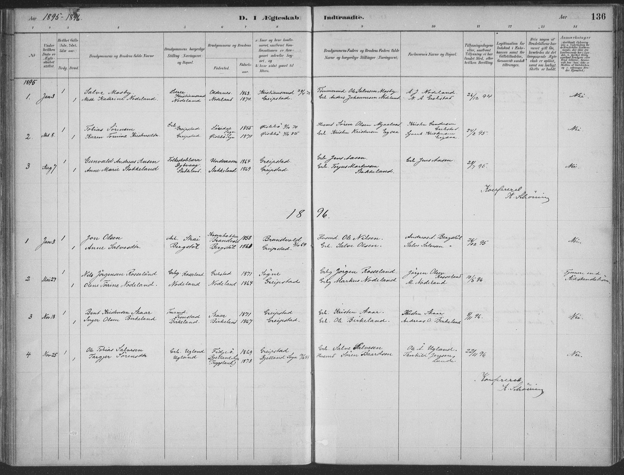 Søgne sokneprestkontor, SAK/1111-0037/F/Fa/Faa/L0003: Parish register (official) no. A 3, 1883-1910, p. 136