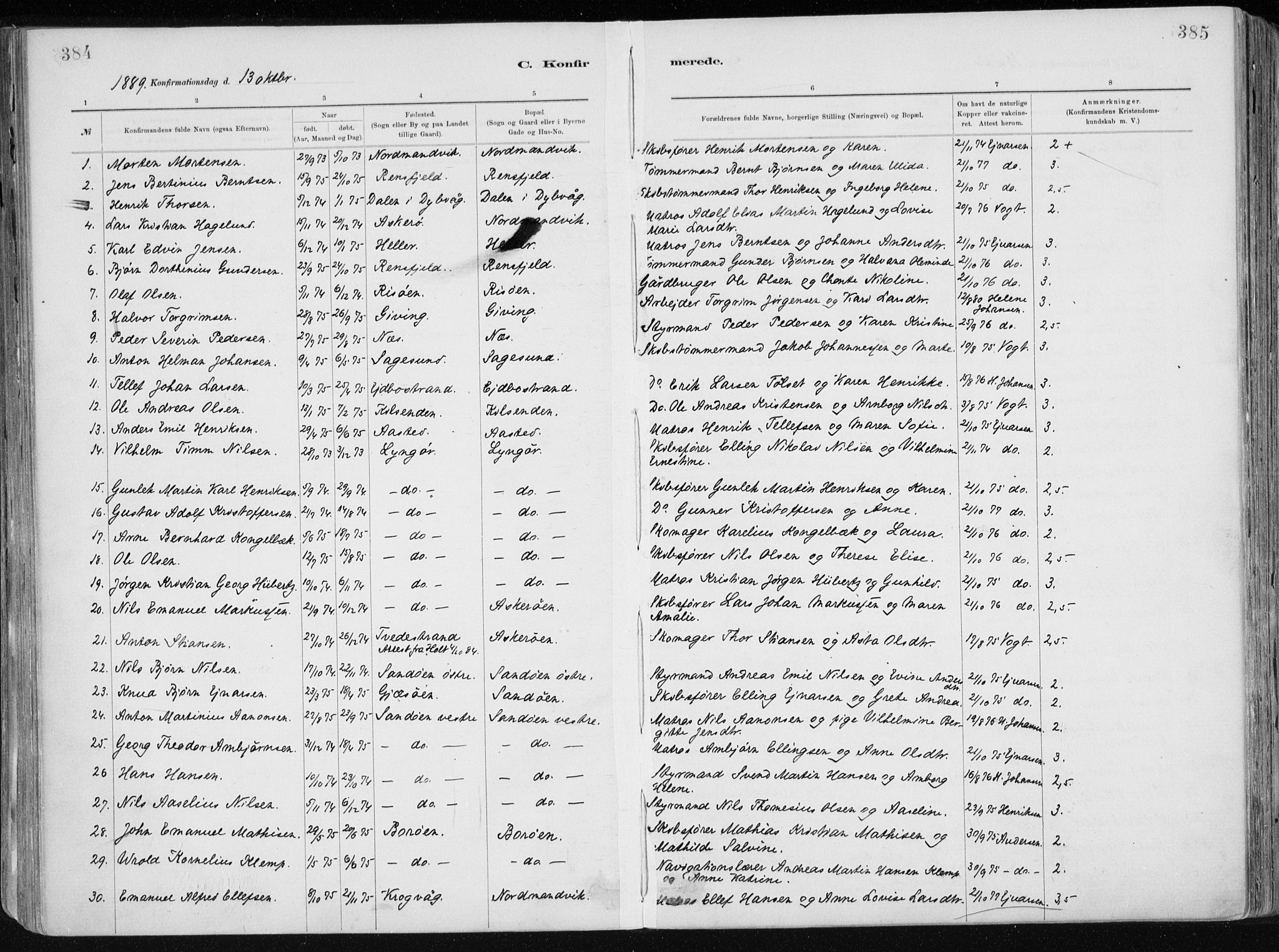 Dypvåg sokneprestkontor, SAK/1111-0007/F/Fa/Faa/L0008: Parish register (official) no. A 8, 1885-1906, p. 384-385