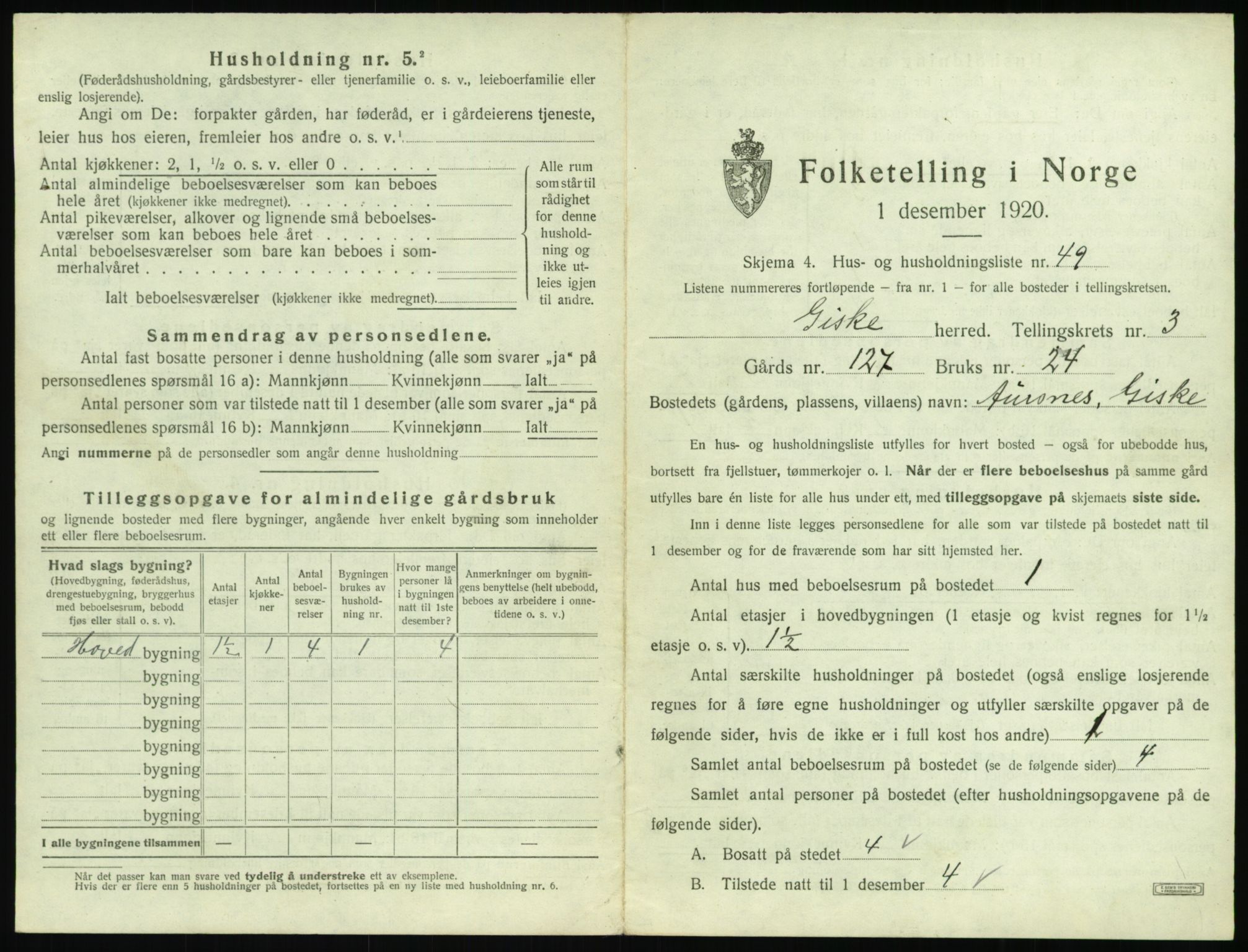 SAT, 1920 census for Giske, 1920, p. 264