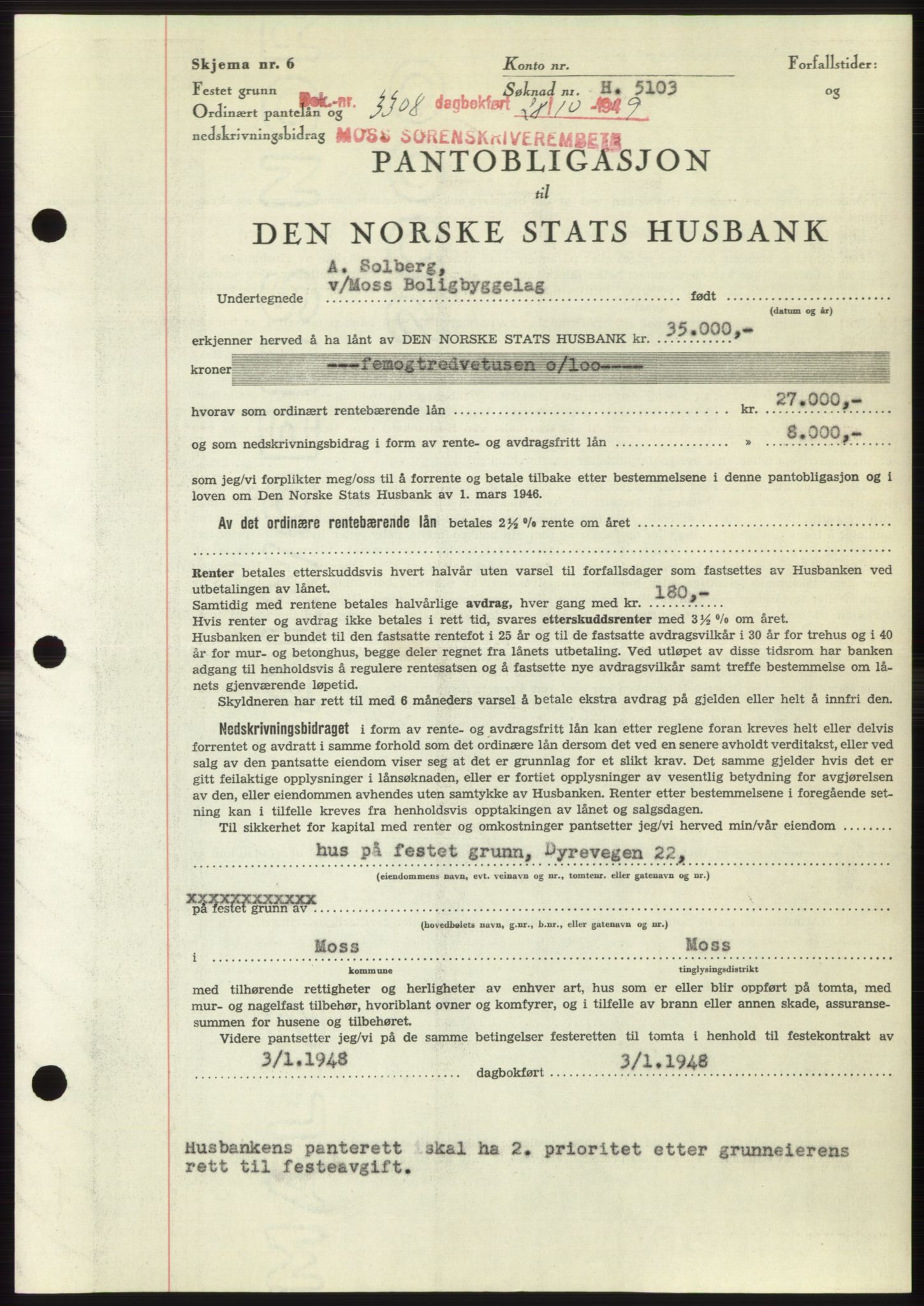 Moss sorenskriveri, SAO/A-10168: Mortgage book no. B23, 1949-1950, Diary no: : 3308/1949