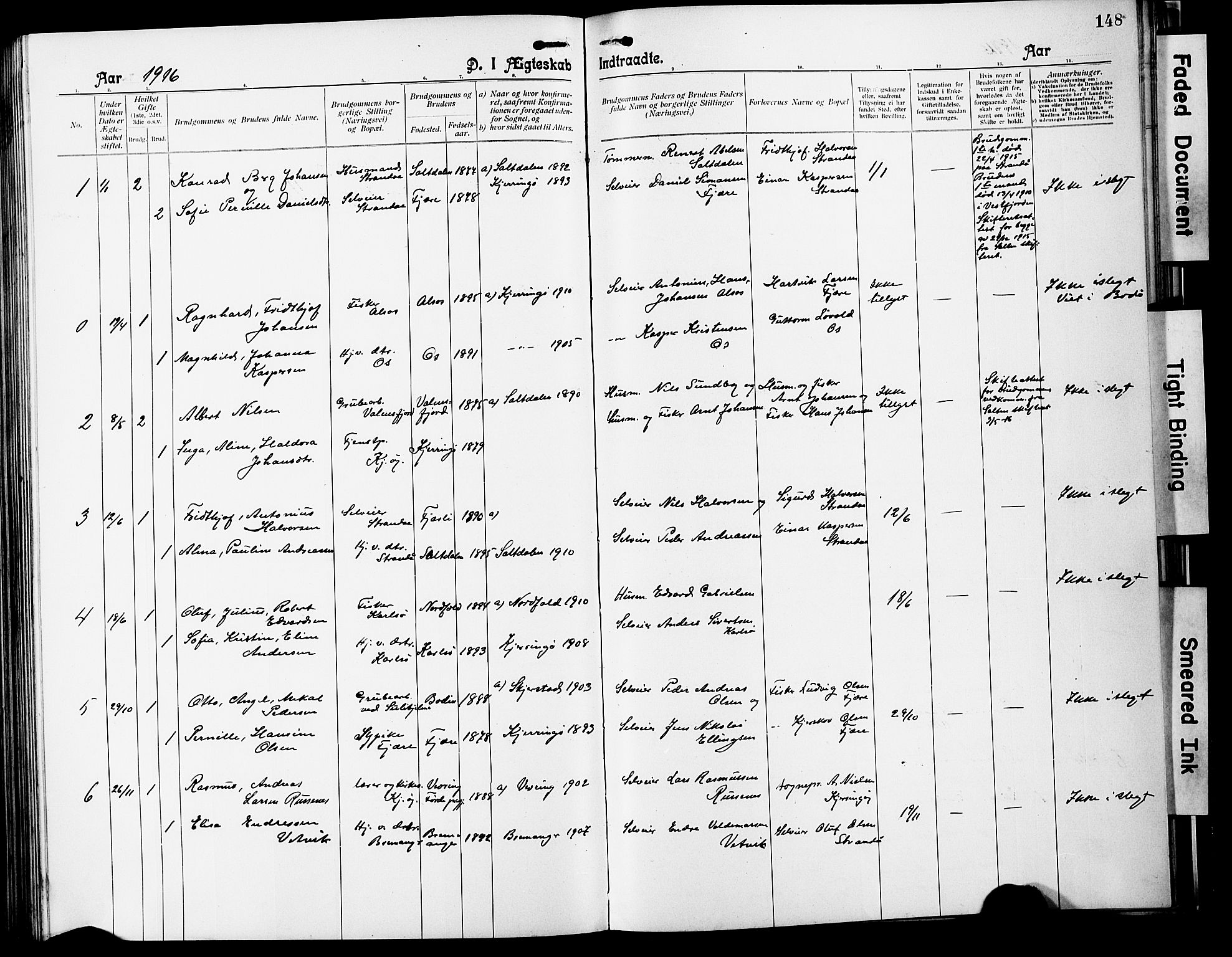Ministerialprotokoller, klokkerbøker og fødselsregistre - Nordland, SAT/A-1459/803/L0077: Parish register (copy) no. 803C04, 1897-1930, p. 148