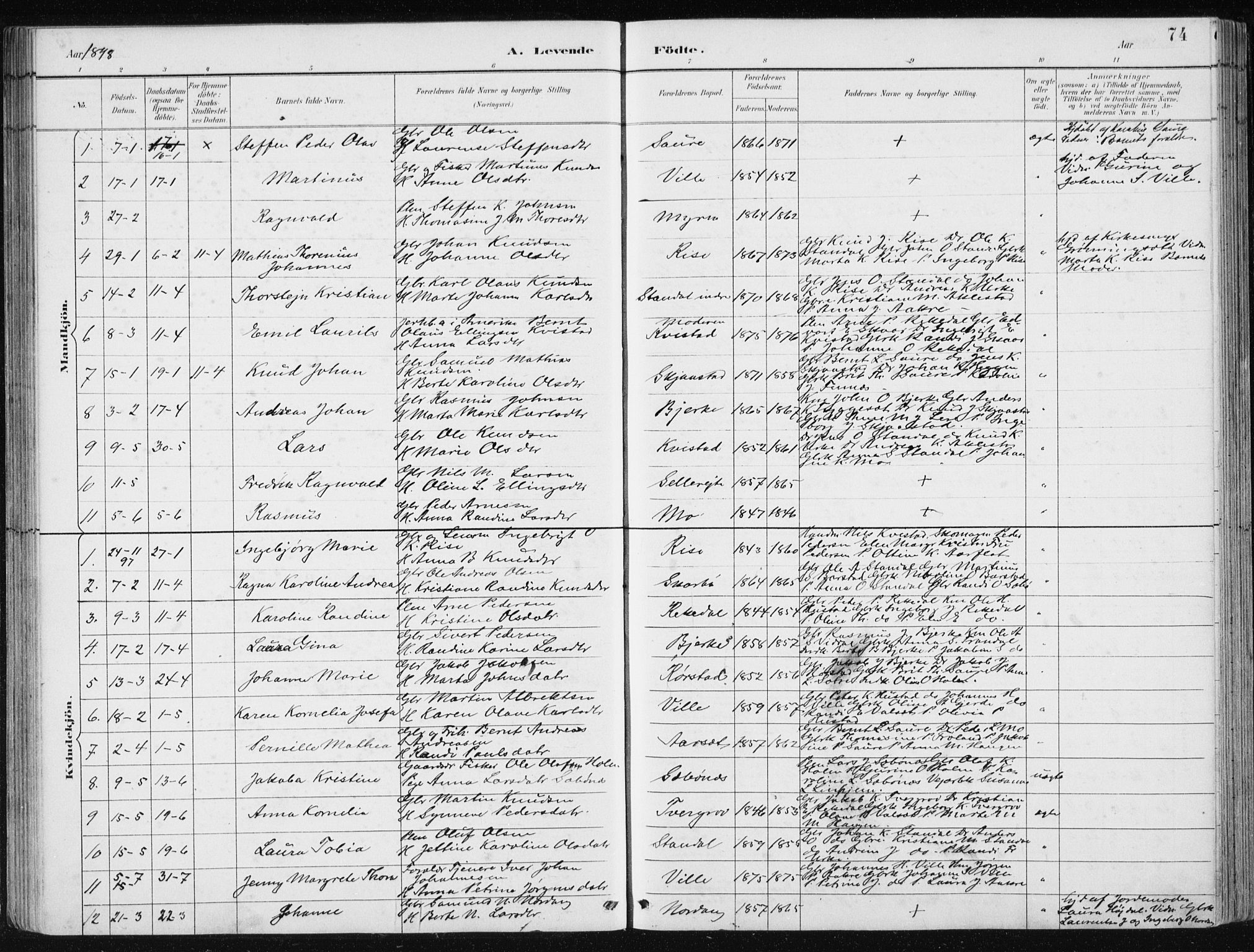 Ministerialprotokoller, klokkerbøker og fødselsregistre - Møre og Romsdal, AV/SAT-A-1454/515/L0215: Parish register (copy) no. 515C02, 1884-1906, p. 74