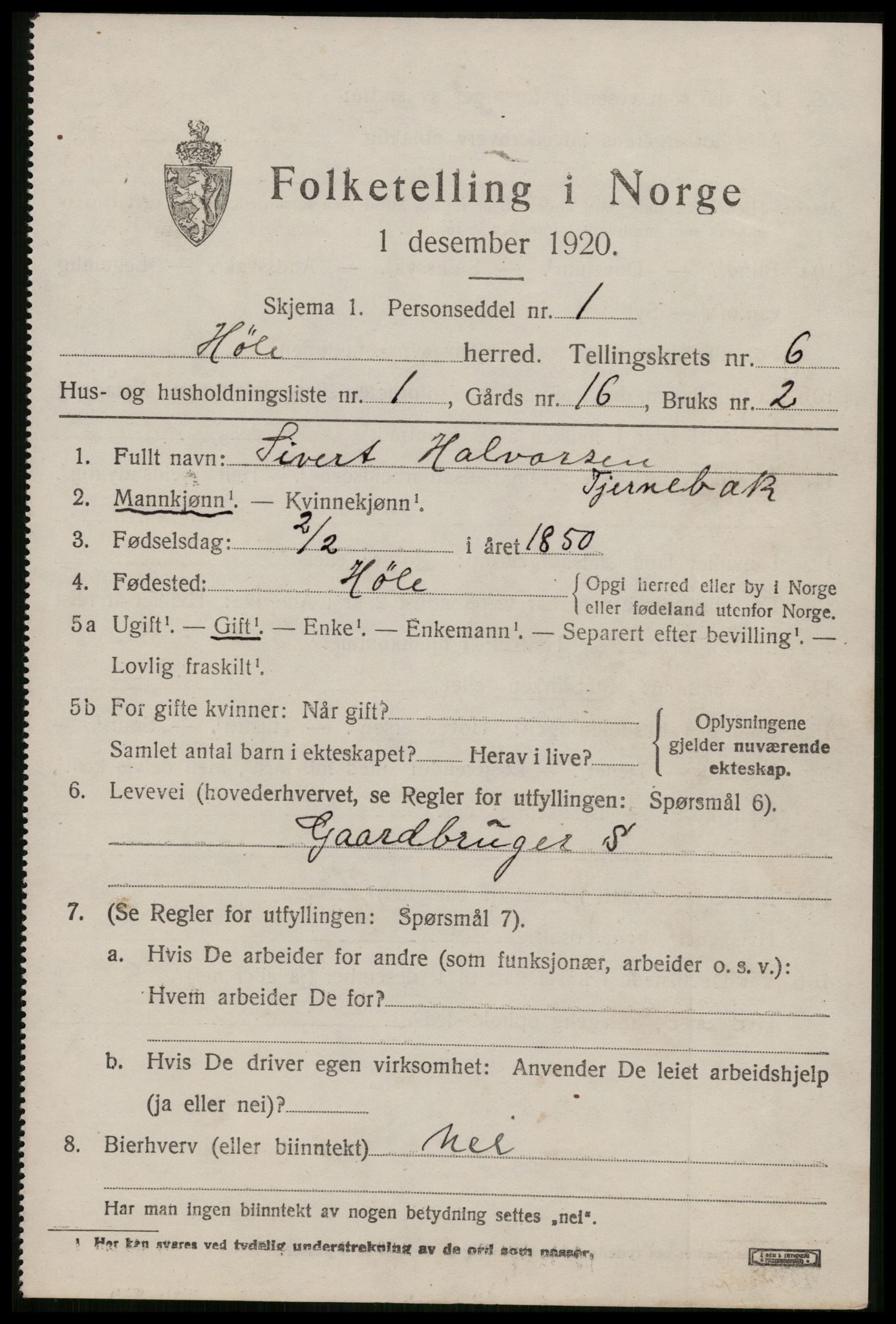 SAST, 1920 census for Høle, 1920, p. 1821