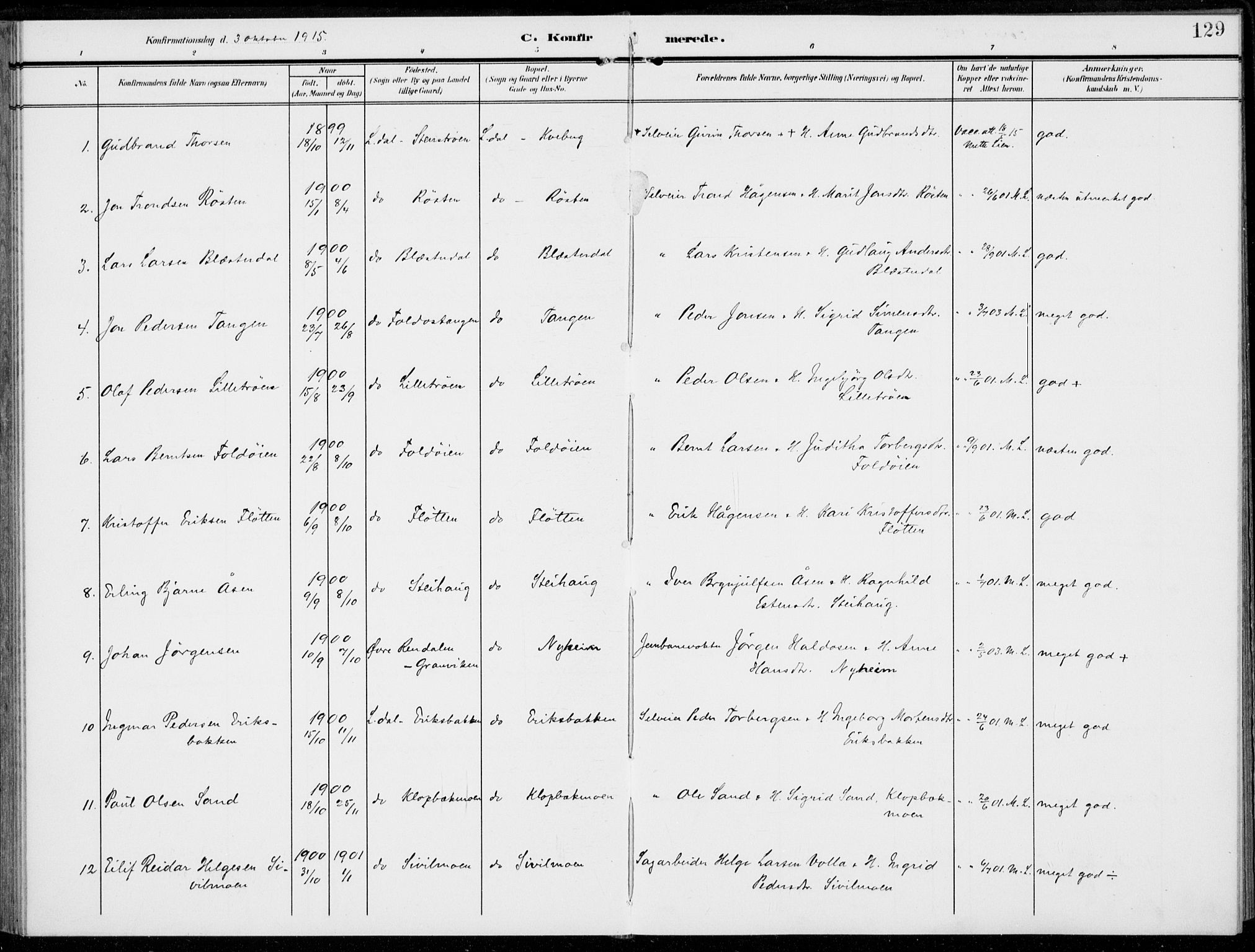 Alvdal prestekontor, AV/SAH-PREST-060/H/Ha/Haa/L0004: Parish register (official) no. 4, 1907-1919, p. 129