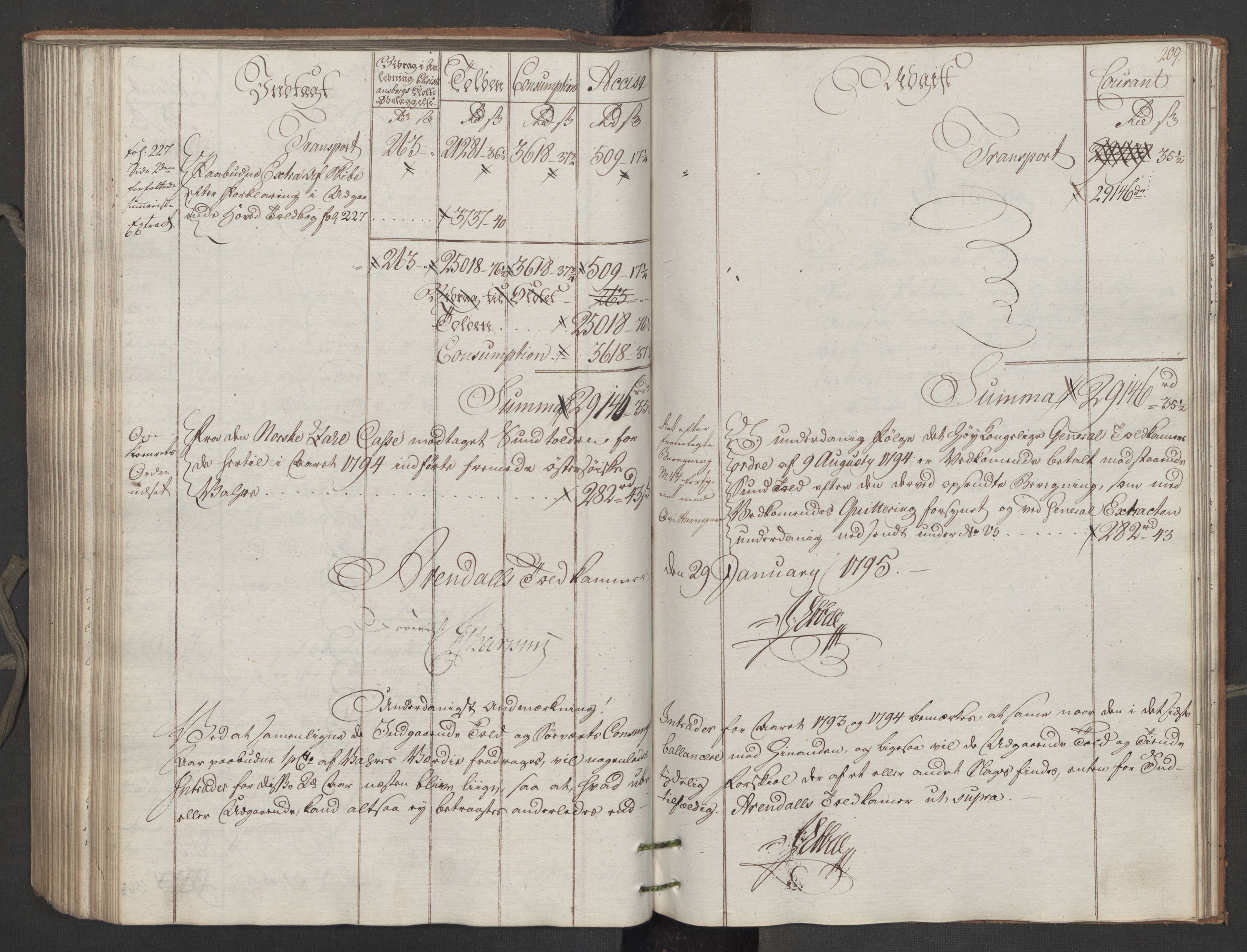 Generaltollkammeret, tollregnskaper, AV/RA-EA-5490/R15/L0122/0001: Tollregnskaper Arendal / Utgående tollbok, 1794, p. 208b-209a