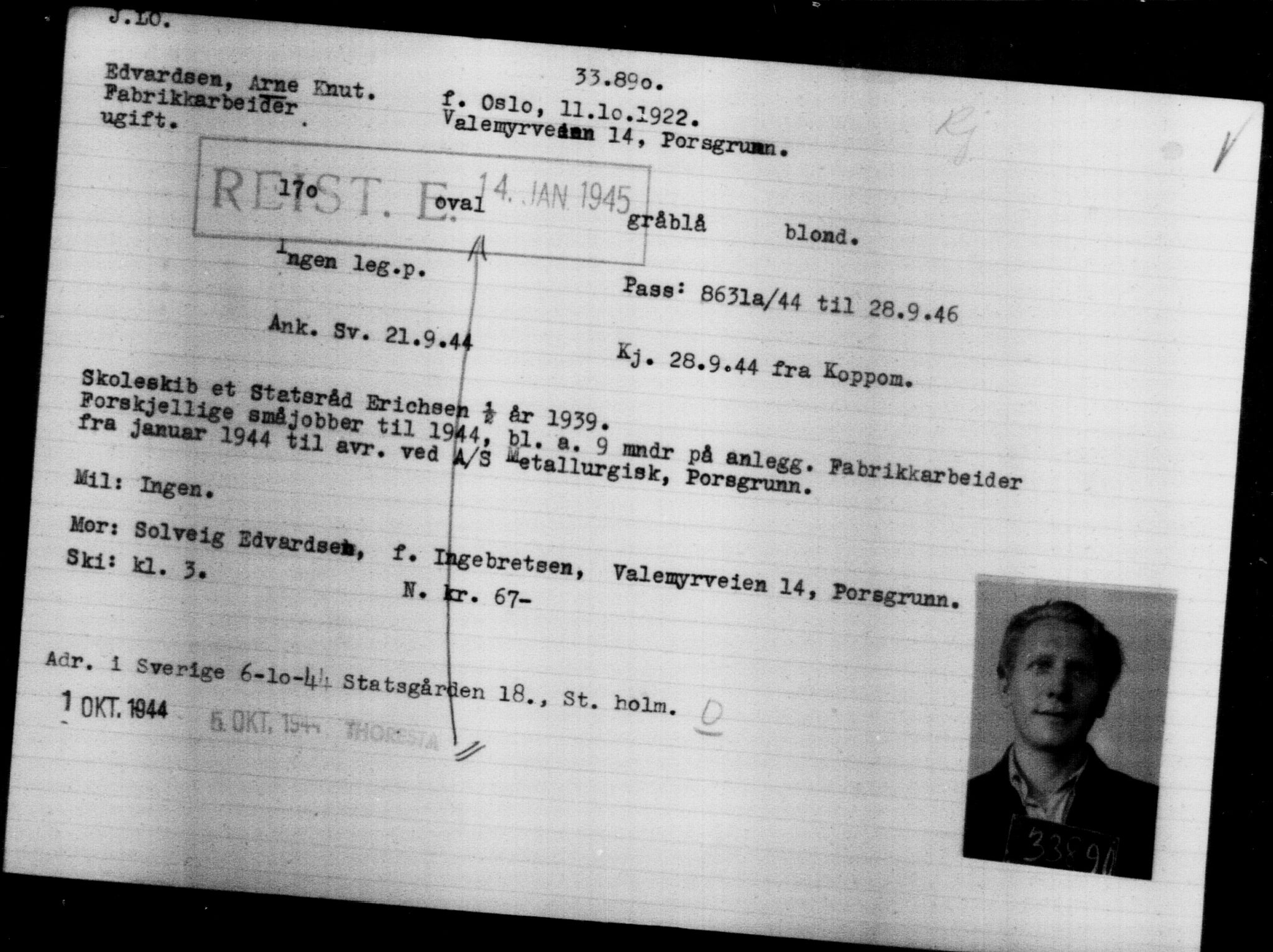 Utenriksstasjonene, Legasjonen i Stockholm, Flyktningkontoret, AV/RA-S-6753/V/Va/L0013: Kjesäterkartoteket, flyktninger med registreringsnr. 31500-34731, 1940-1945, p. 2525