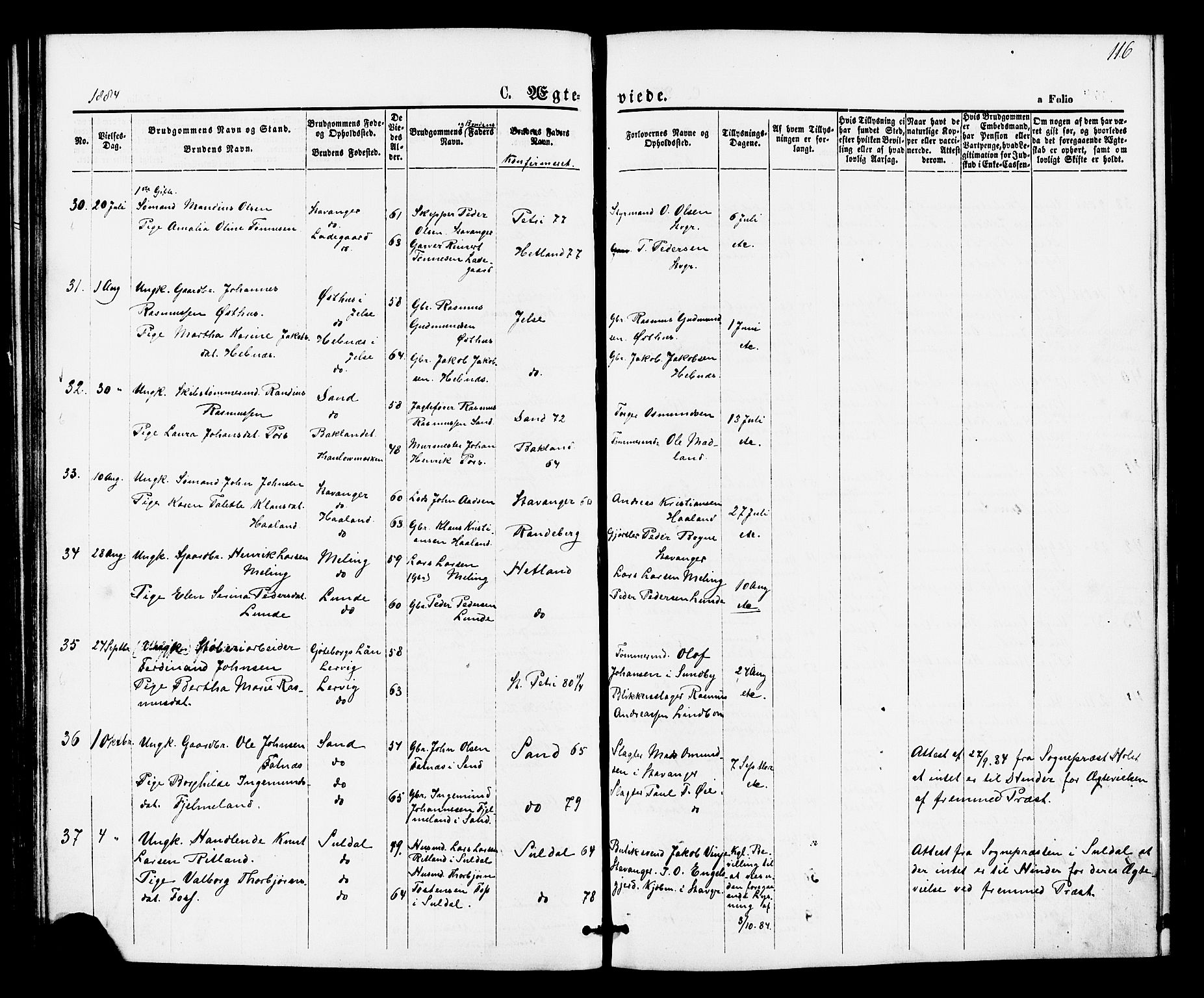 Hetland sokneprestkontor, SAST/A-101826/30/30BA/L0005: Parish register (official) no. A 5, 1869-1884, p. 116
