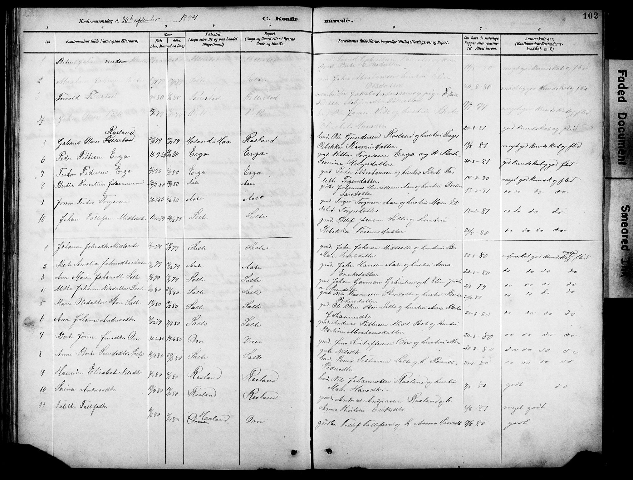 Klepp sokneprestkontor, AV/SAST-A-101803/001/3/30BB/L0005: Parish register (copy) no. B 5, 1889-1918, p. 102