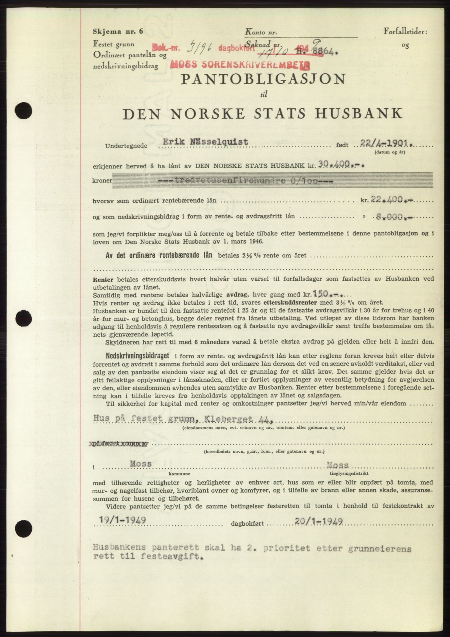 Moss sorenskriveri, SAO/A-10168: Mortgage book no. B23, 1949-1950, Diary no: : 3196/1949