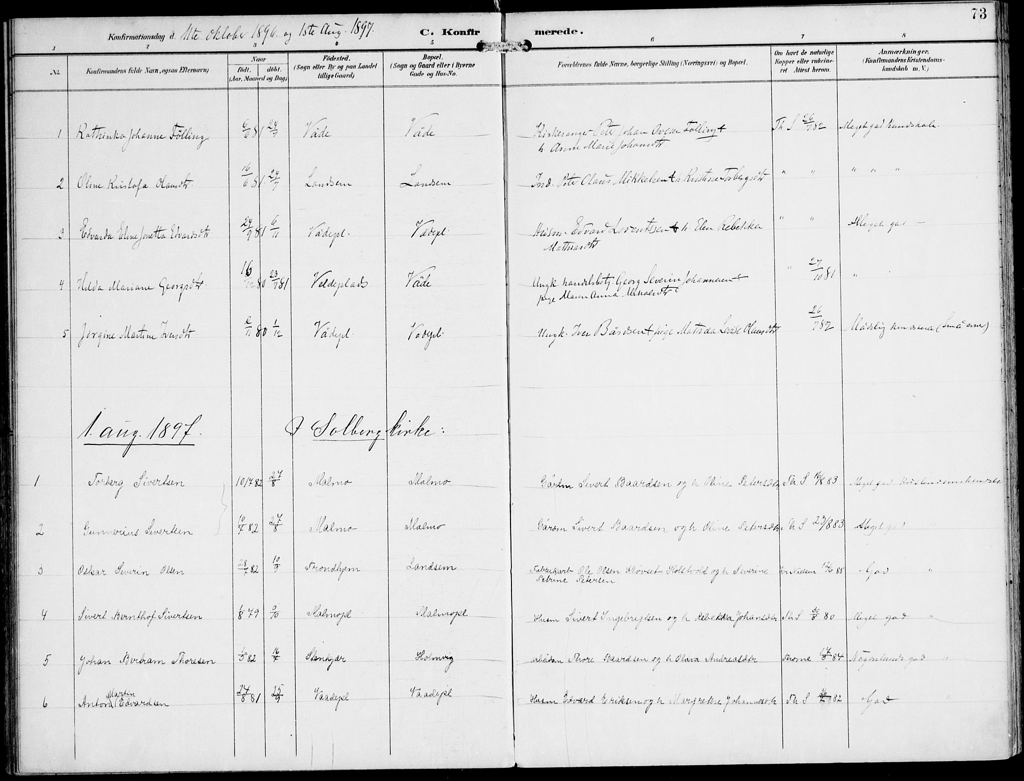 Ministerialprotokoller, klokkerbøker og fødselsregistre - Nord-Trøndelag, SAT/A-1458/745/L0430: Parish register (official) no. 745A02, 1895-1913, p. 73